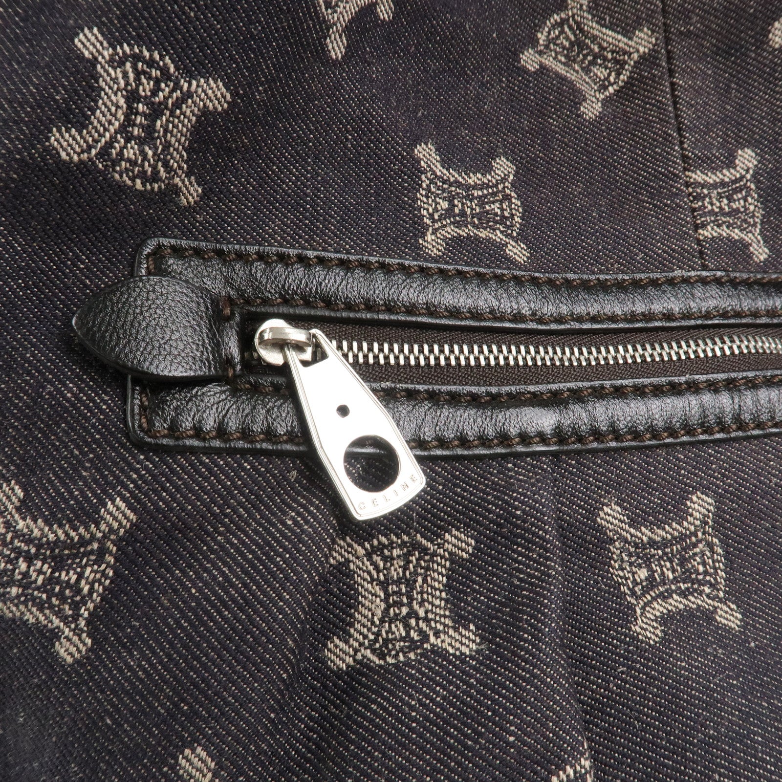 CELINE Macadam Denim Leather 2Way Shoulder Bag Indigo Blue Brown