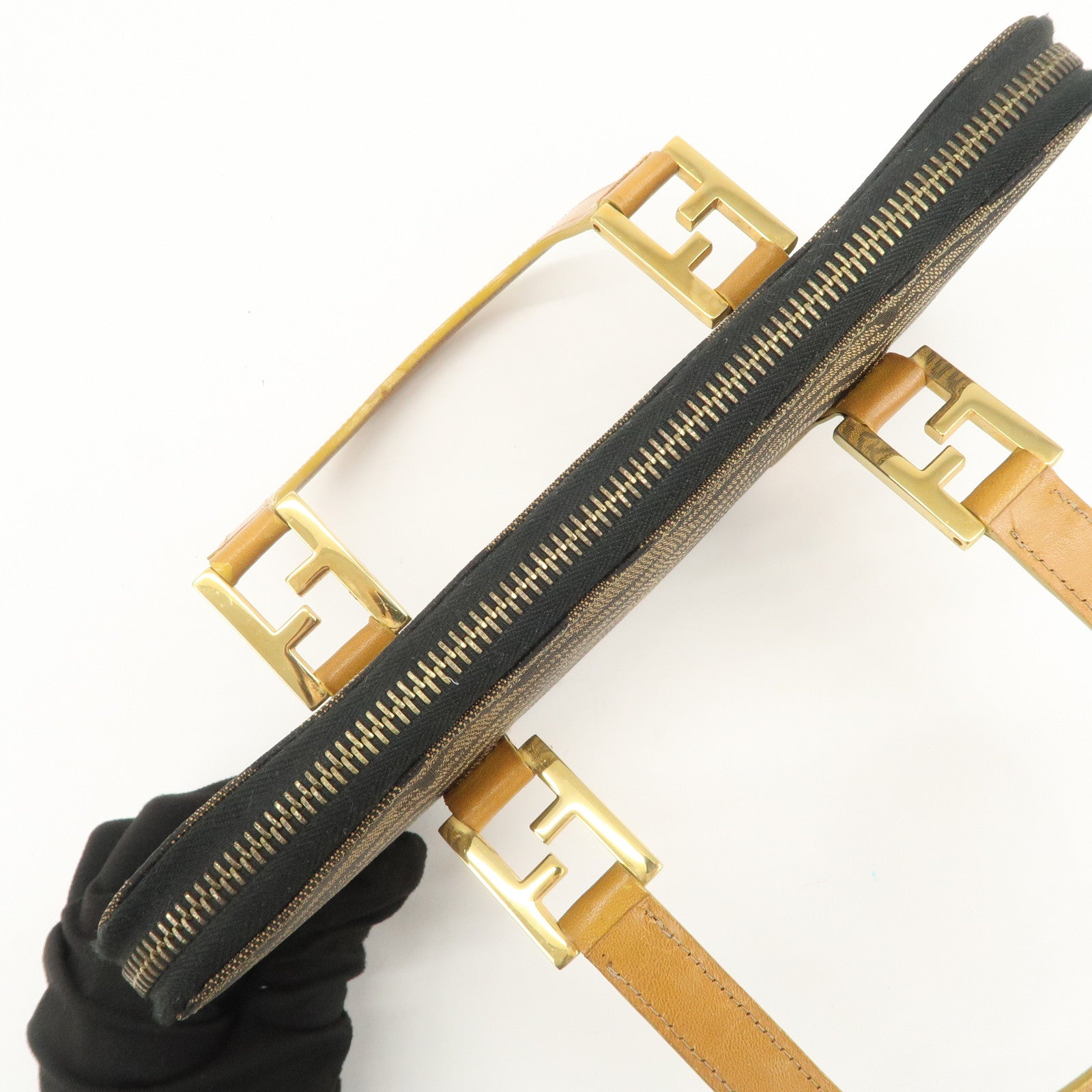 FENDI Logo Canvas Leather Hand Bag Animal Print Yellow Black 26347