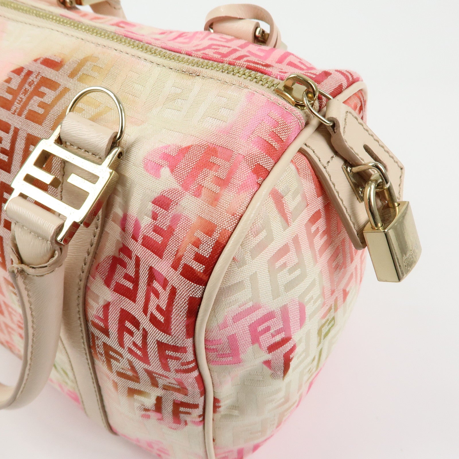 FENDI Zucchino Canvas Leather Mini Boston Bag Hand Bag Pink Ivory