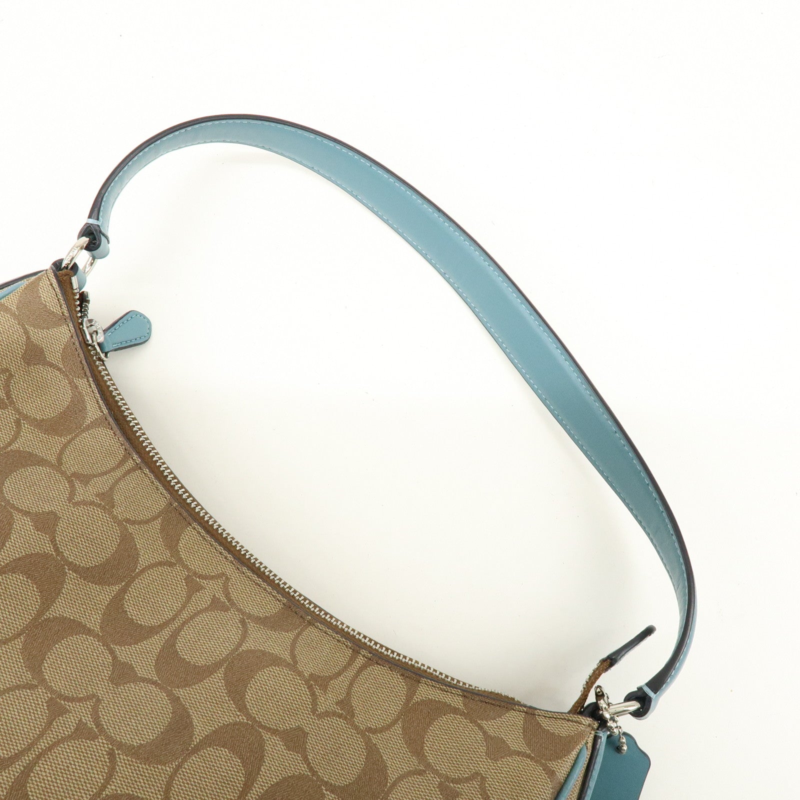 COACH Signature PVC Coated Canvas Leather Shoulder Bag Beige Blue