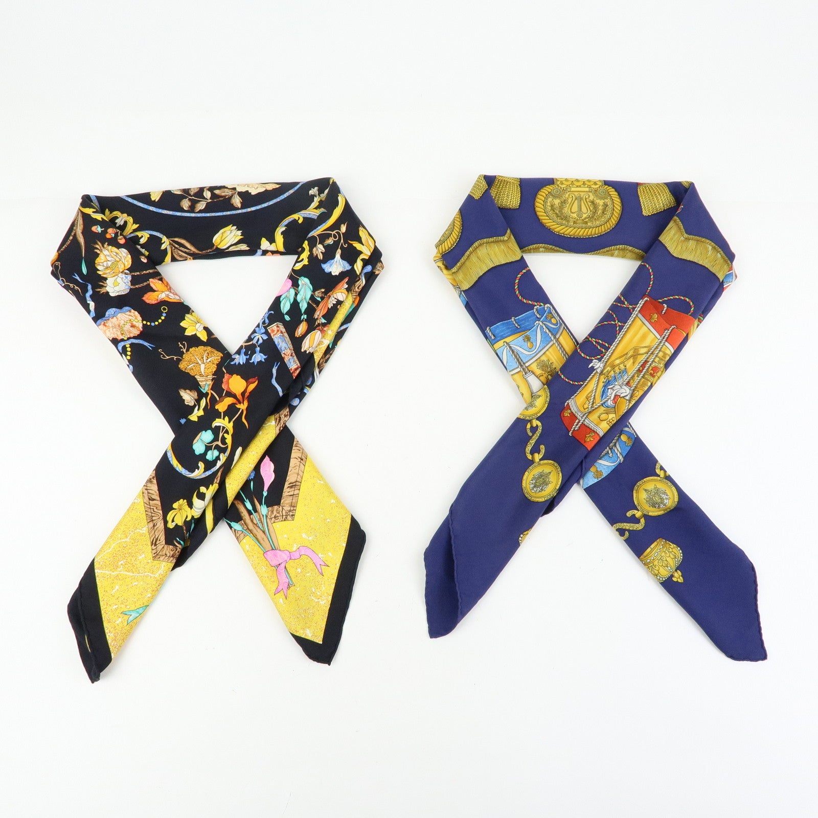 HERMES Carre 90 Set of 2 Silk 100% Scarf Black Navy Yellow