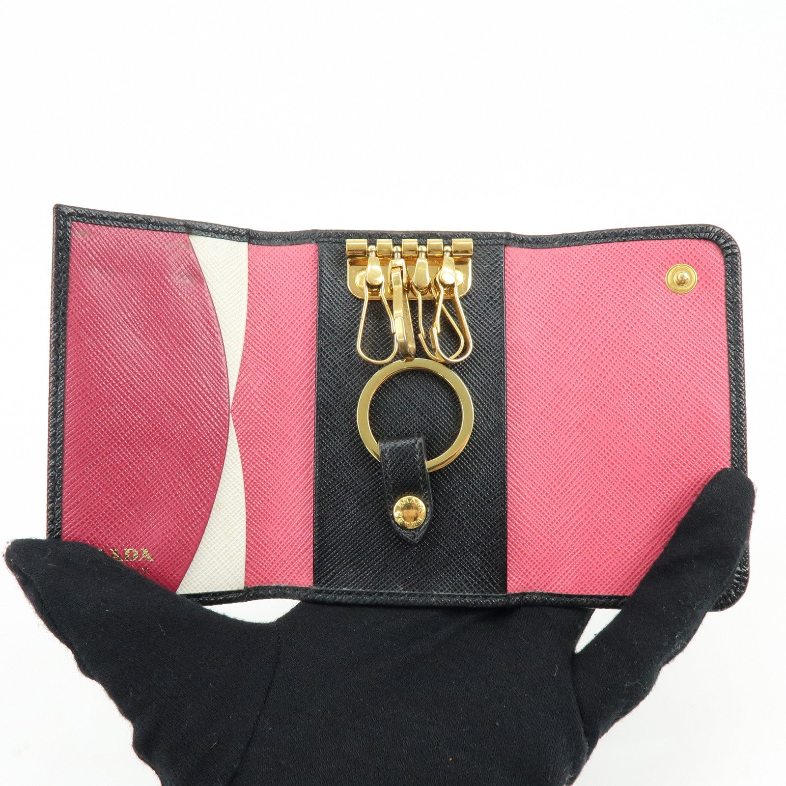 PRADA Saffiano Leather Key Case Key Ring Key Holder Black
