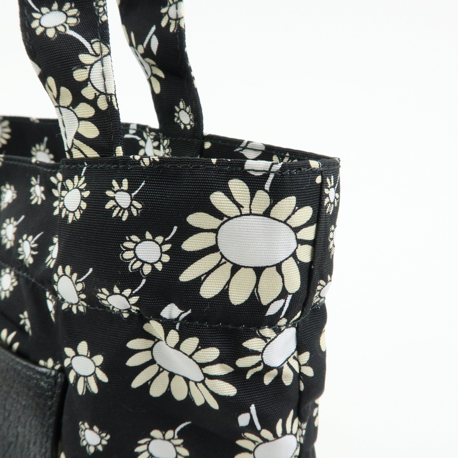 MIU MIU Nylon Leather Tote Bag Eco Bag Hand Bag Flower Print Black