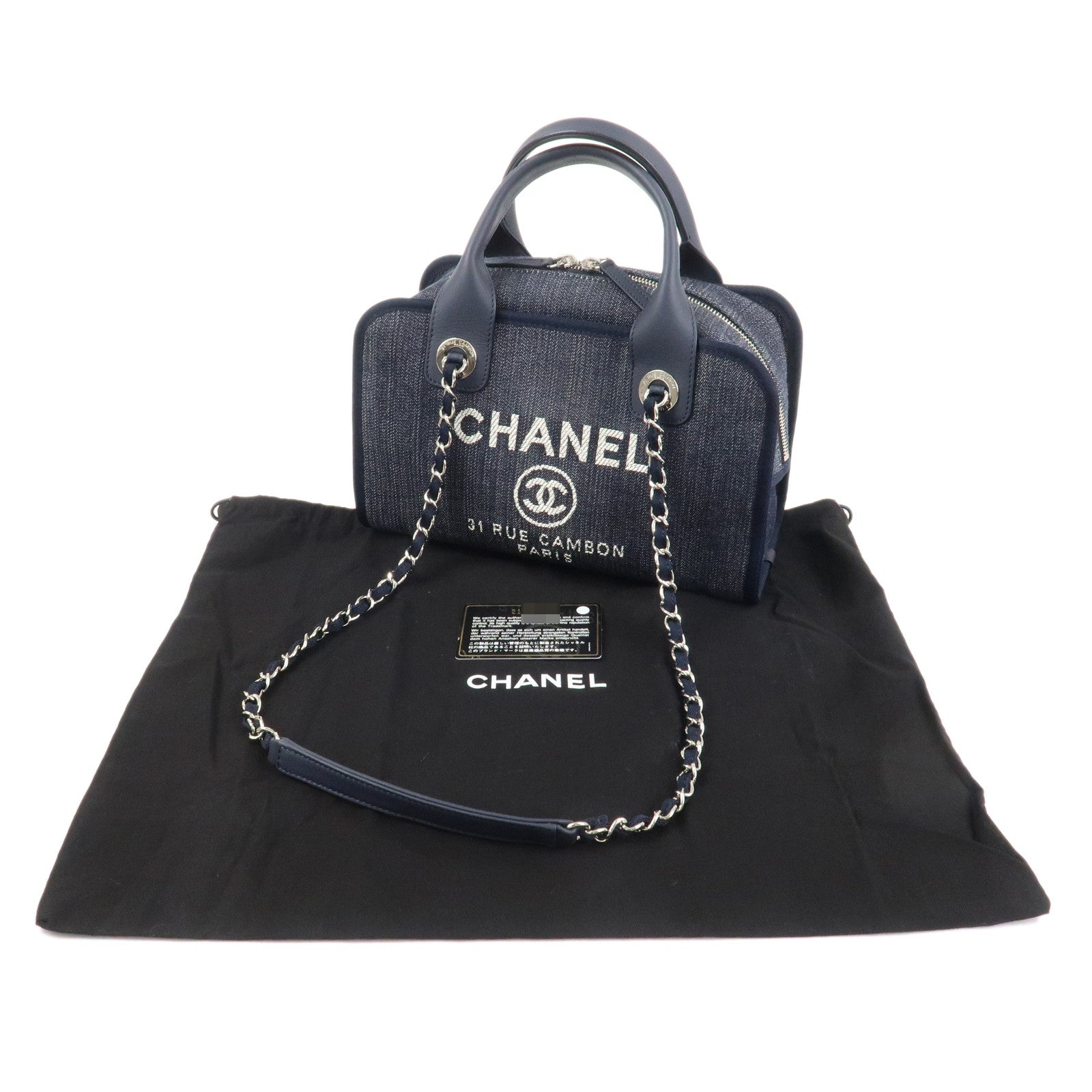CHANEL Deauville Leather Denim 2Way Bag Bowling Bag Navy A92749 Used