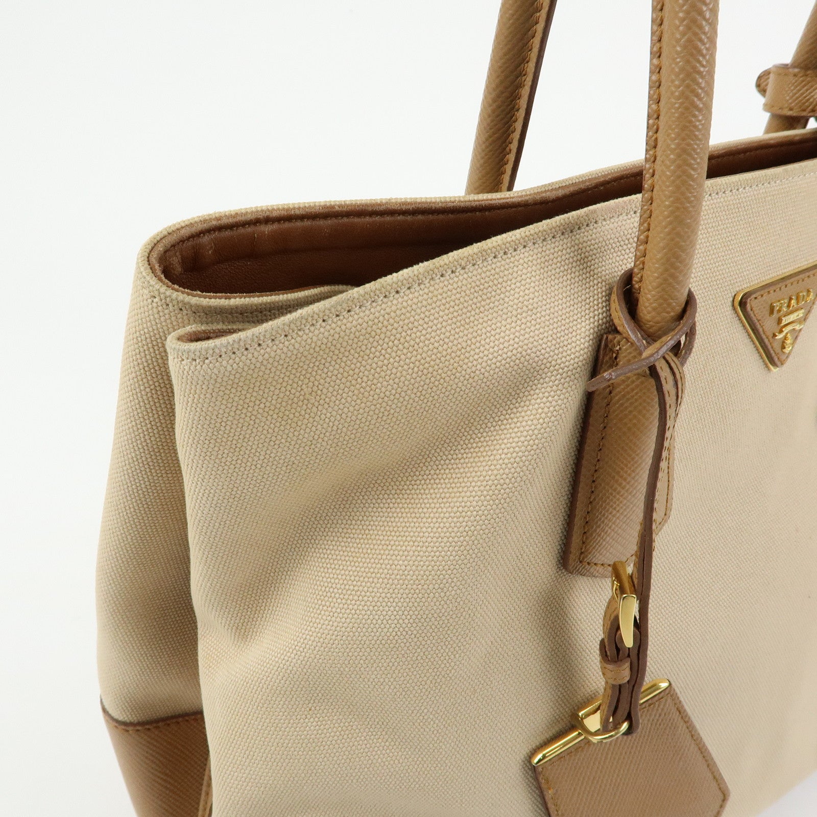 PRADA Triangle Logo Canvas Leather Tote Bag Beige Brown B2756T
