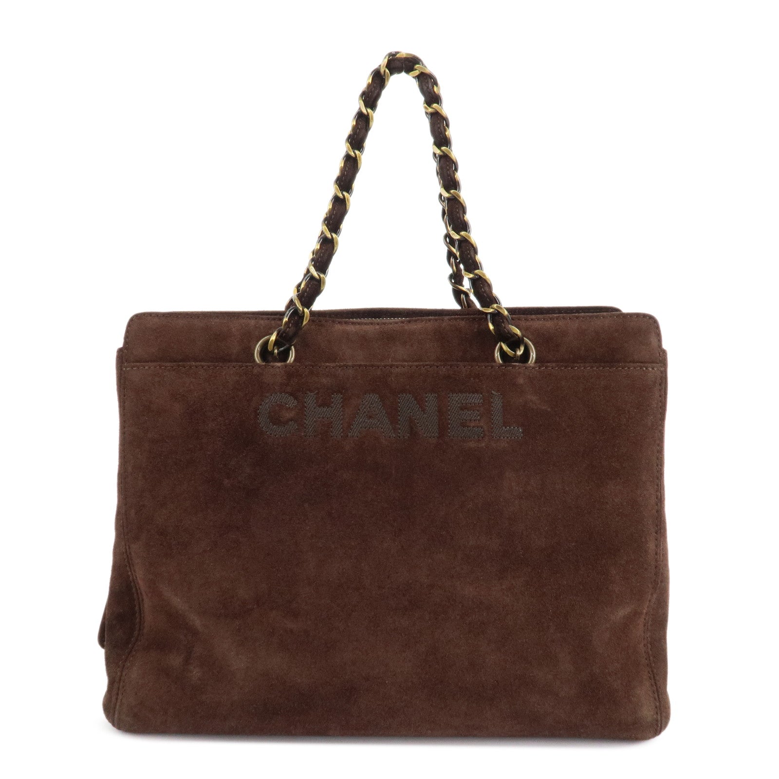 CHANEL Logo Suede Chain Tote Bag Shoulder Bag Brown
