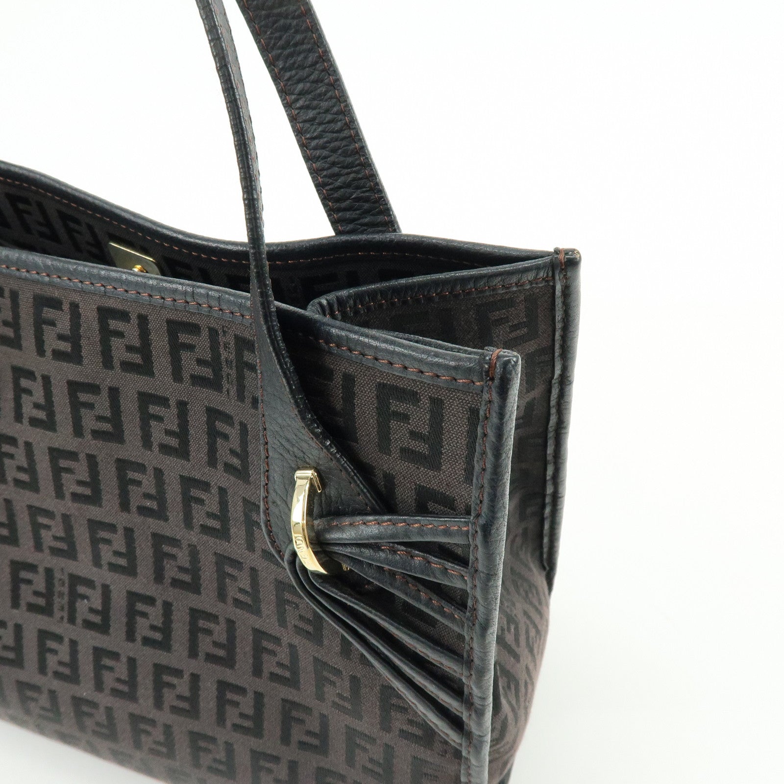 FENDI Zucchino Canvas Leather Hand Bag Tote Bag Brown 8BH152