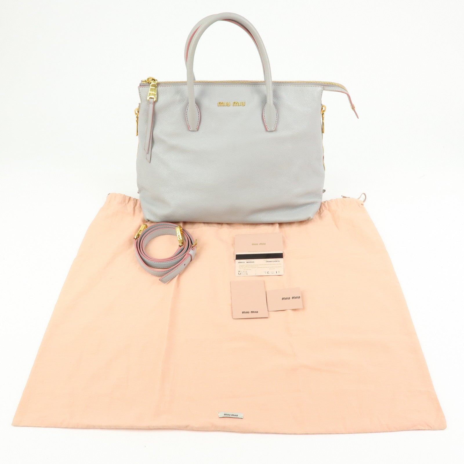 MIU MIU MADRAS Leather 2Way Bag Hand Bag Shoulder Bag Gray 5BB015