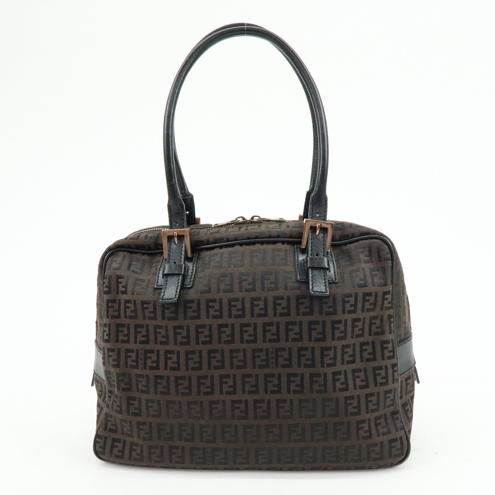 FENDI Zucchino Canvas Leather Hand Bag Boston Bag Brown 8BN005