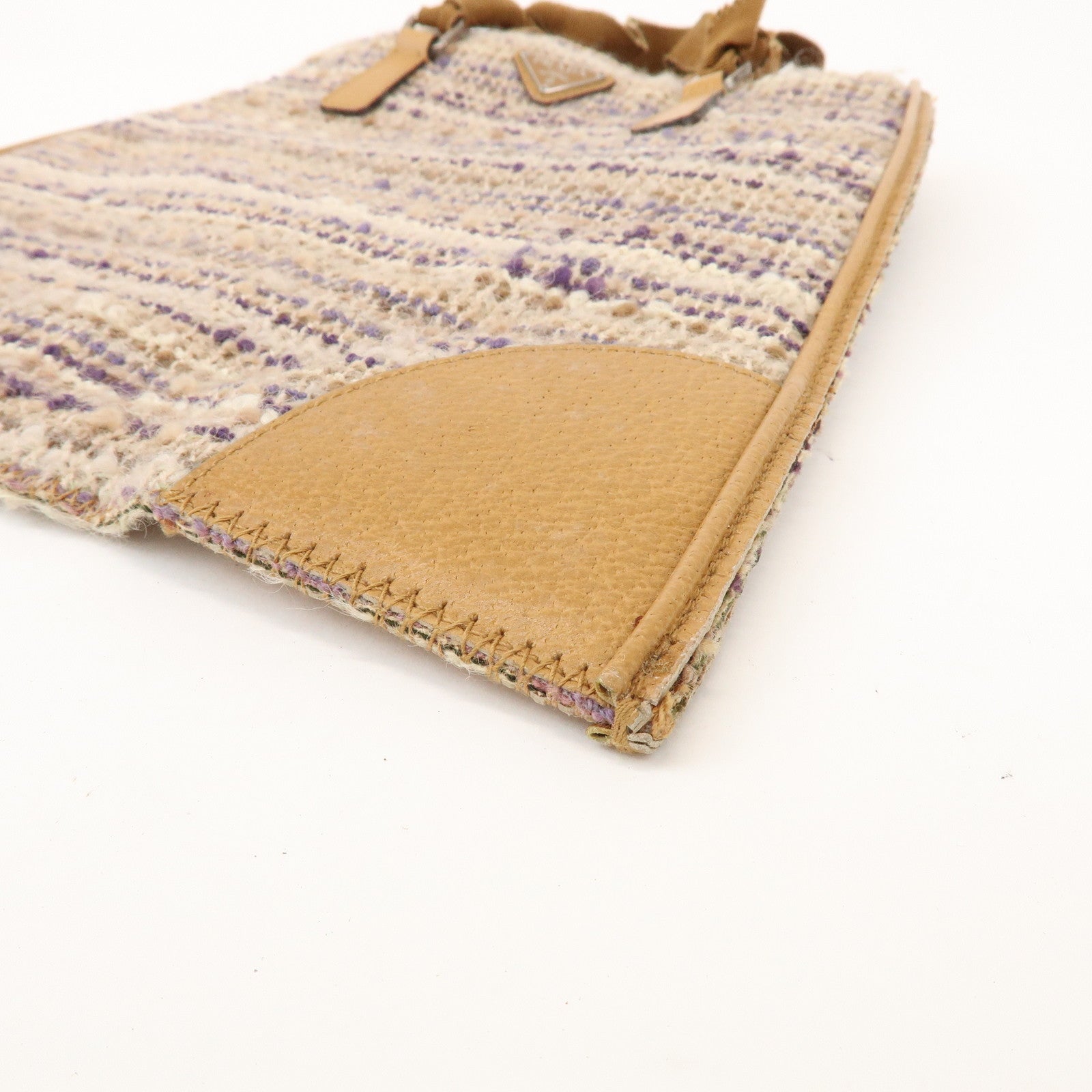 PRADA Triangle Logo Tweed Leather Hand Bag Light Brown Multicolor