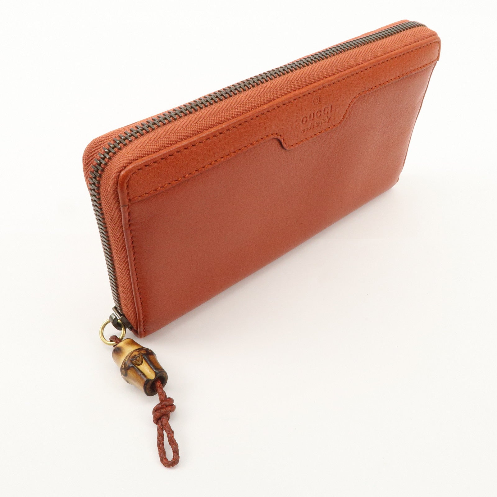 GUCCI Bamboo Leather Long Round Zippy Wallet Orange 339178 Used