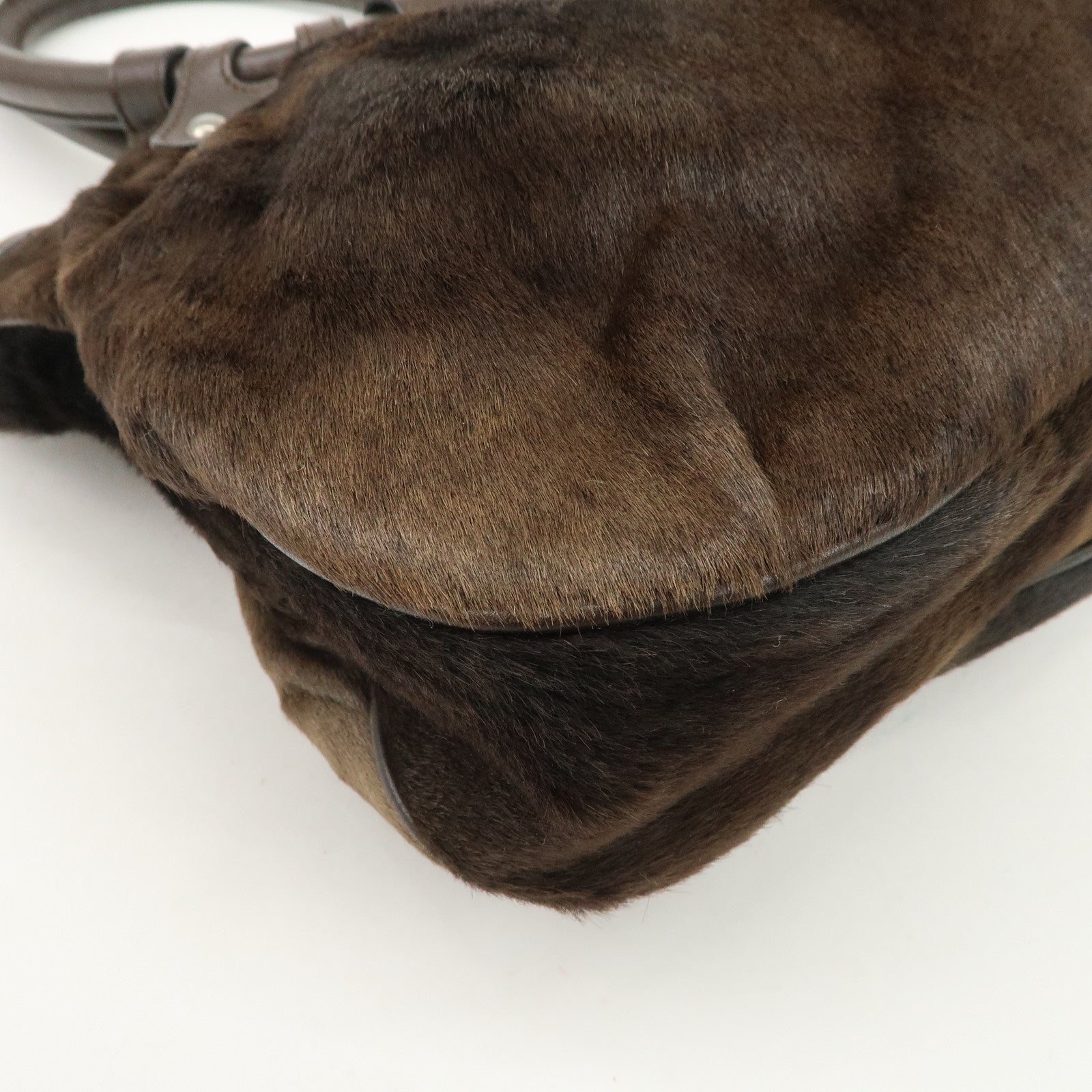 Ferragamo Gancini Unborn Calf Leather Hand Bag Dark Brown Used