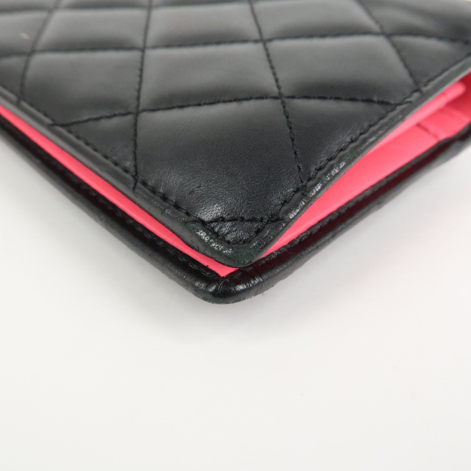 CHANEL Cambon Line Lamb Skin Bi-fold Long Wallet Black A26717