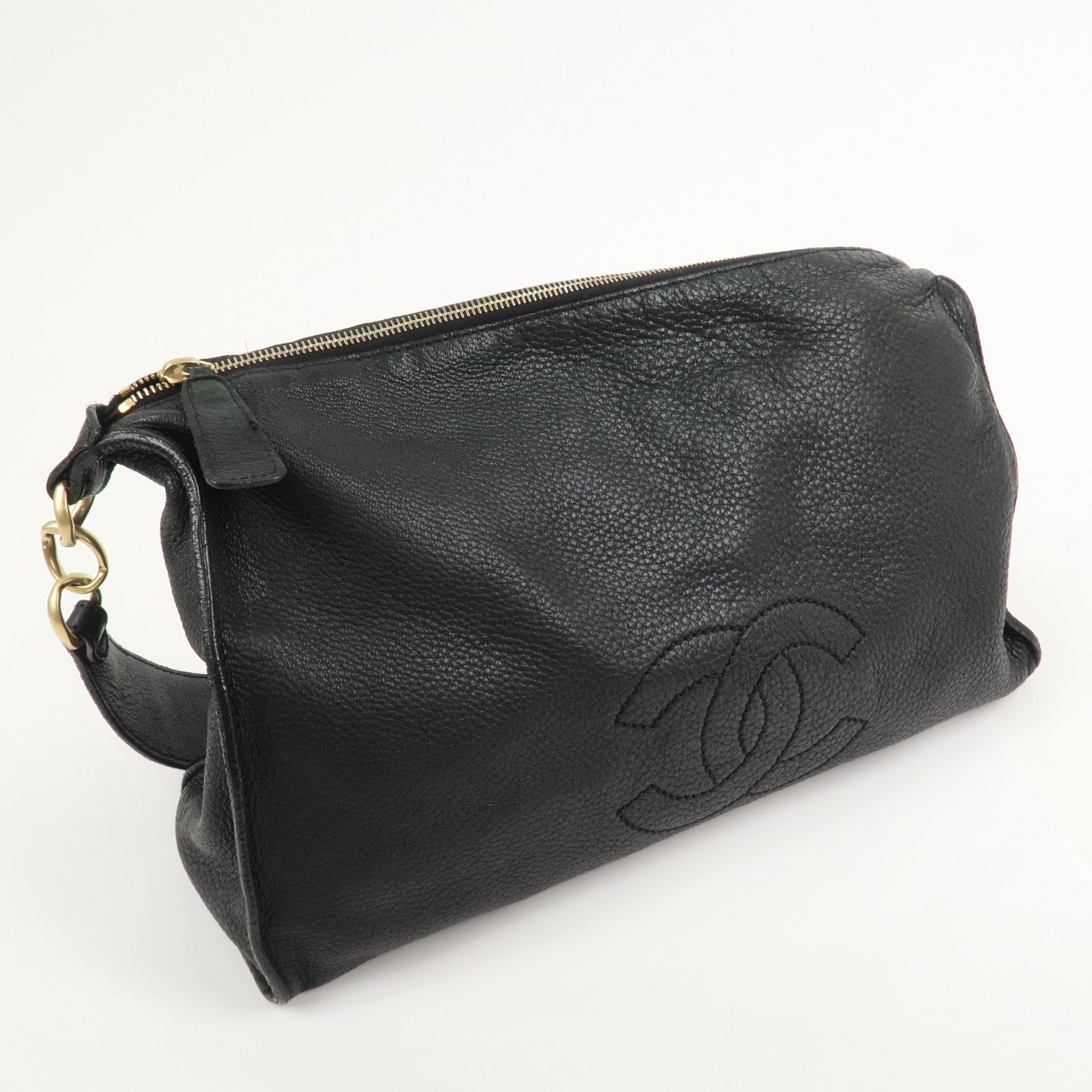 CHANEL Logo Leather Shoulder Bag Hand Bag Black