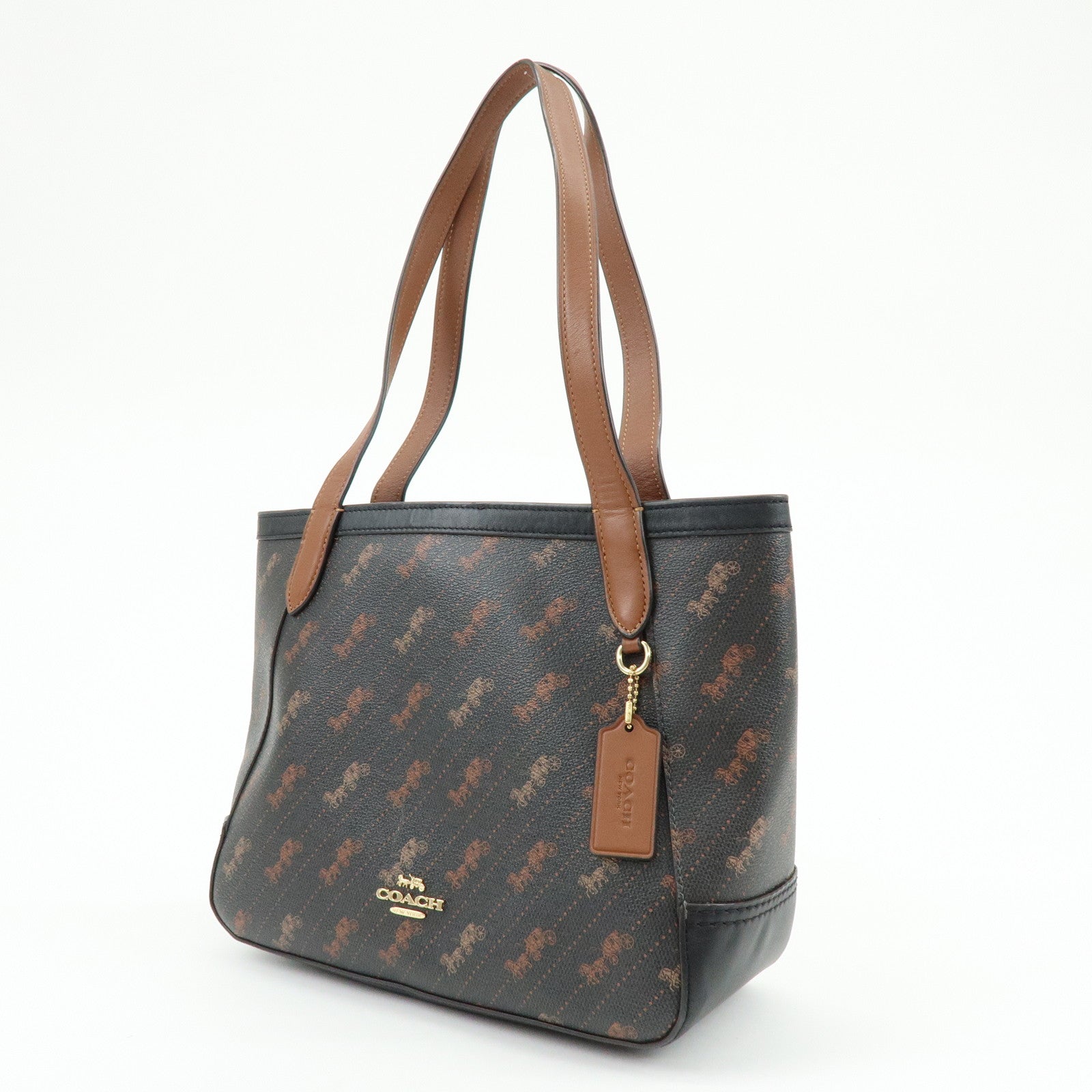 COACH PVC Leather Tote Bag Hand Bag Shoulder Bag Black Camel