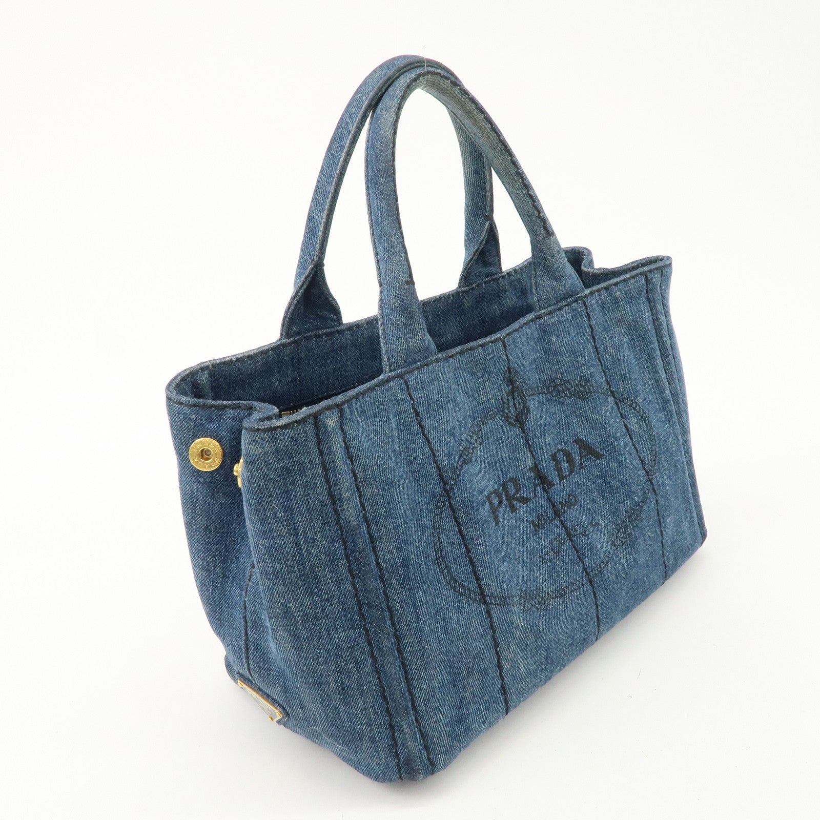 PRADA Canapa Mini Denim 2Way Hand Bag Tote Bag Navy 1BG439 Used