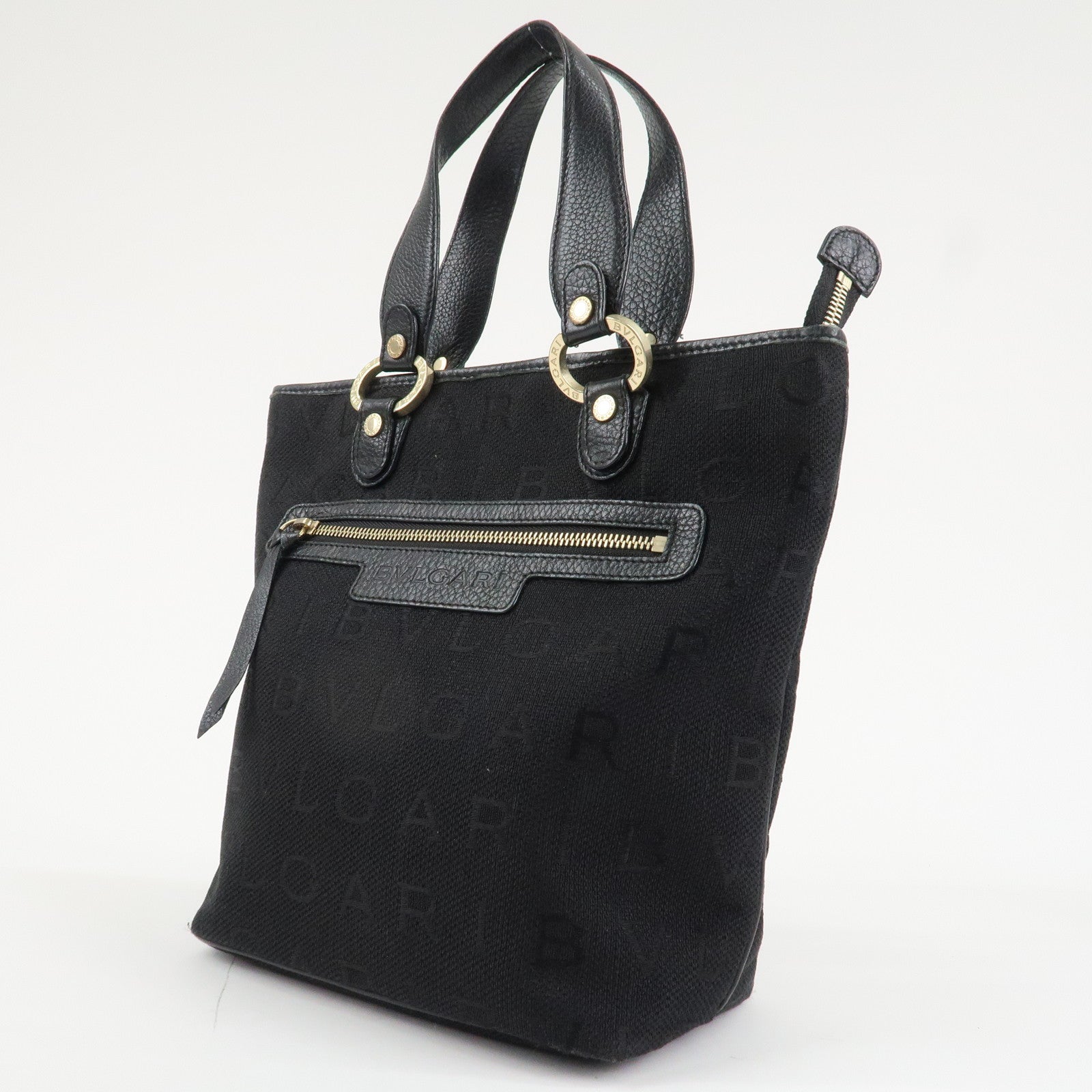 BVLGARI Logo Mania Leather Canvas Tote Bag Hand Bag Black Used