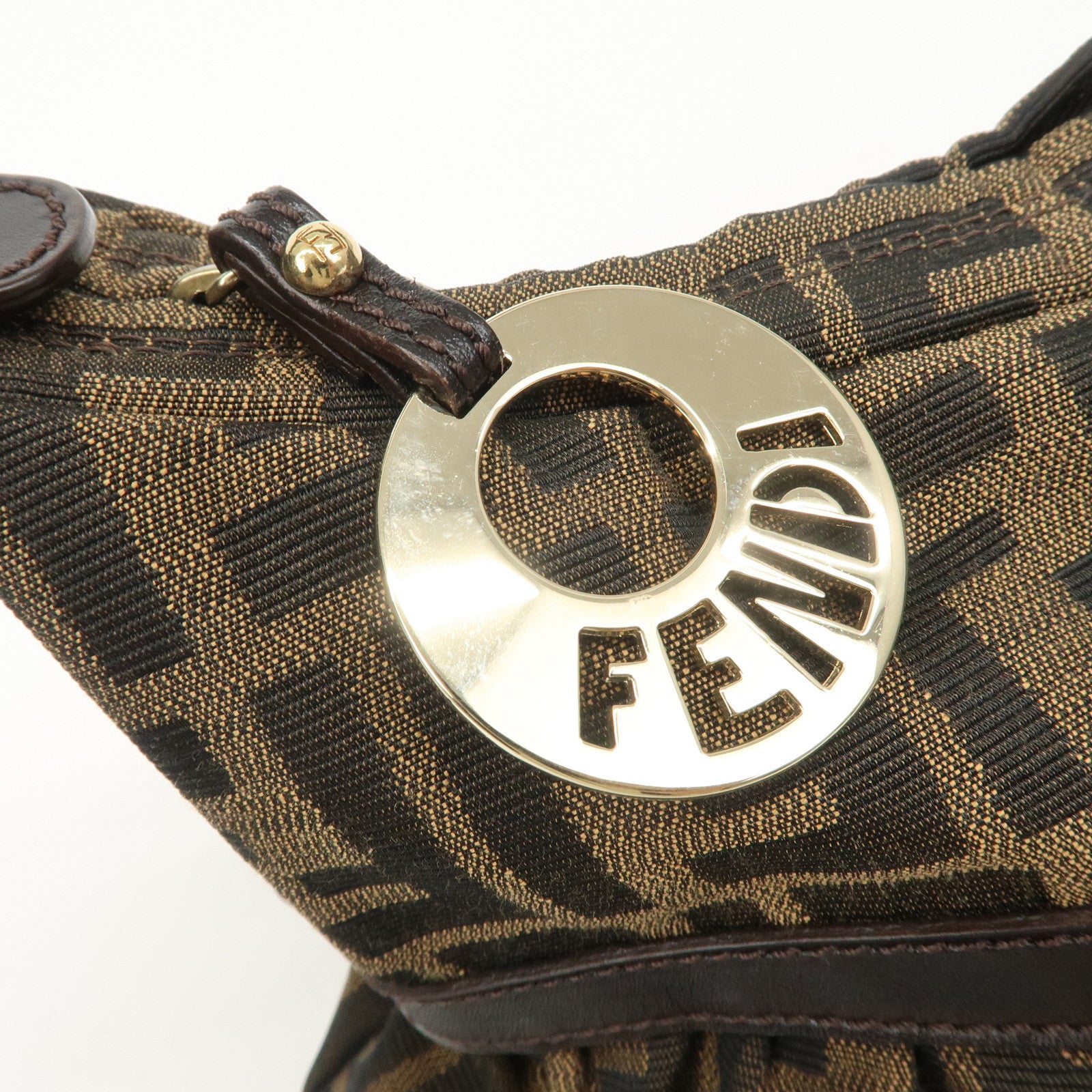 FENDI Zucca Canvas Leather Shoulder Bag Hand Bag Black Brown 8BR448