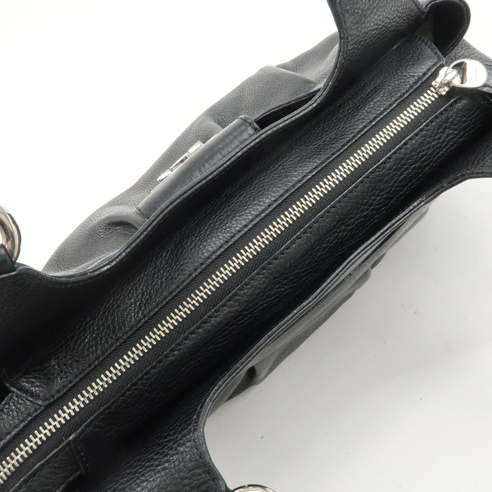 Ferragamo Gancini Leather Hand Bag Shoulder Bag Black Silver