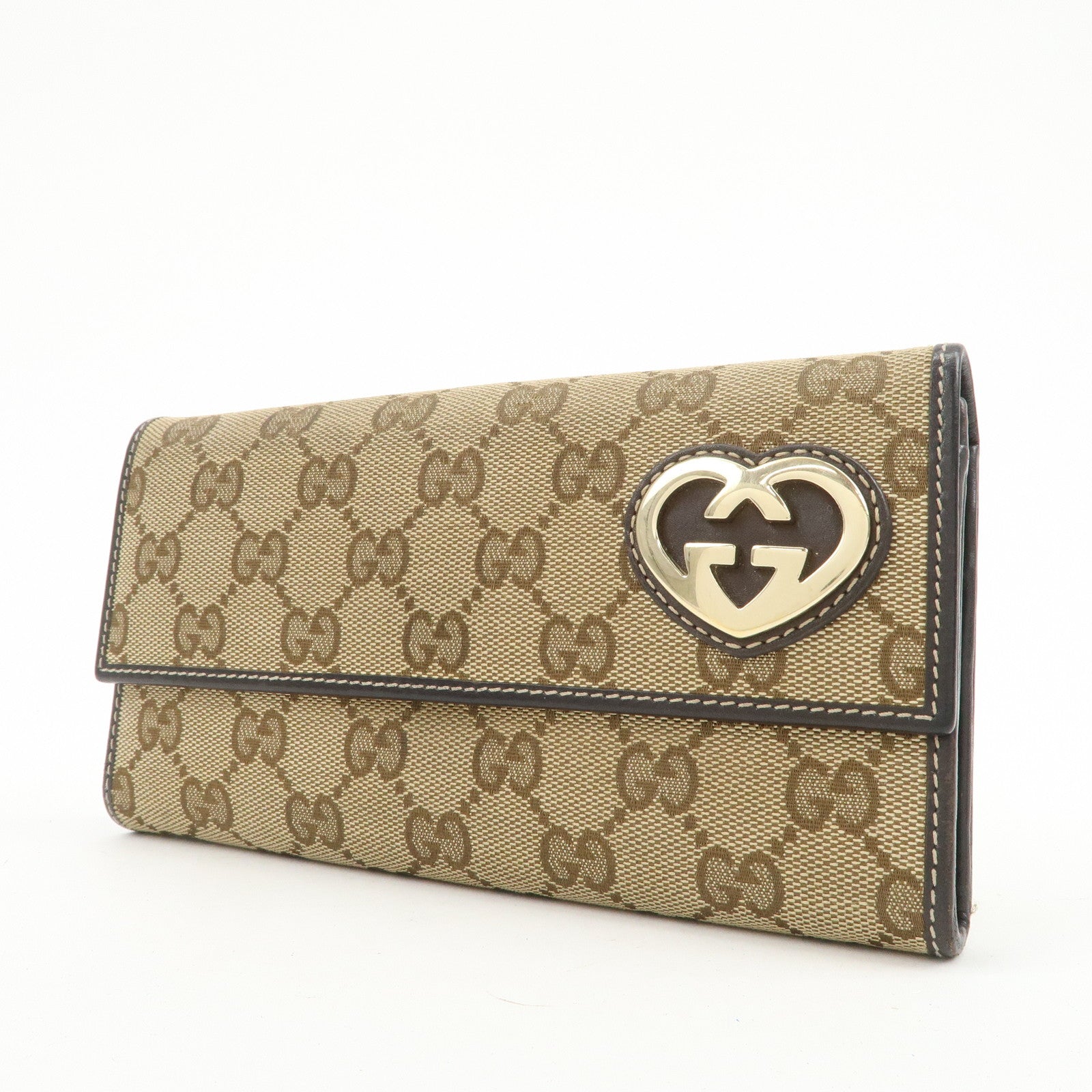 GUCCI Lovely Heart GG Canvas Leather Long Wallet Brown 251861