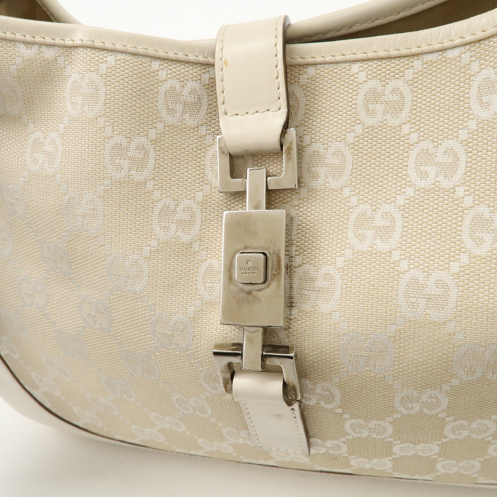 GUCCI Jackie GG Canvas Leather Shoulder Bag Beige White