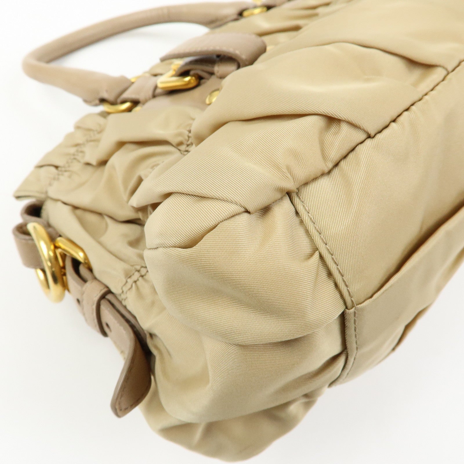 PRADA Gathered Nylon Leather 2Way Hand Shoulder Bag Beige BN1407