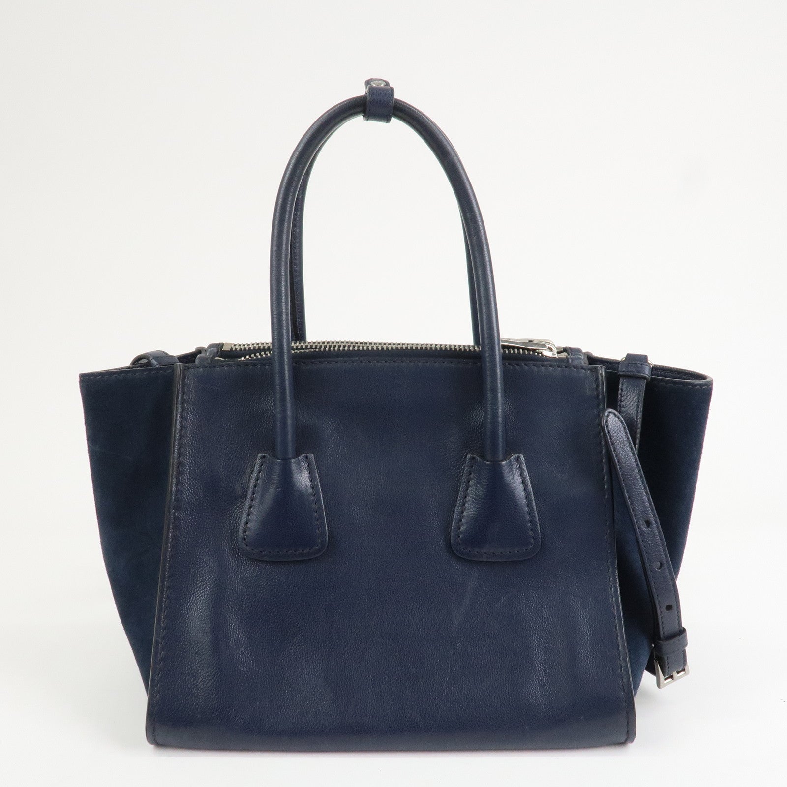 PRADA Triangle Logo Leather 2Way Bag Tote Bag Hand Bag Navy B2625M