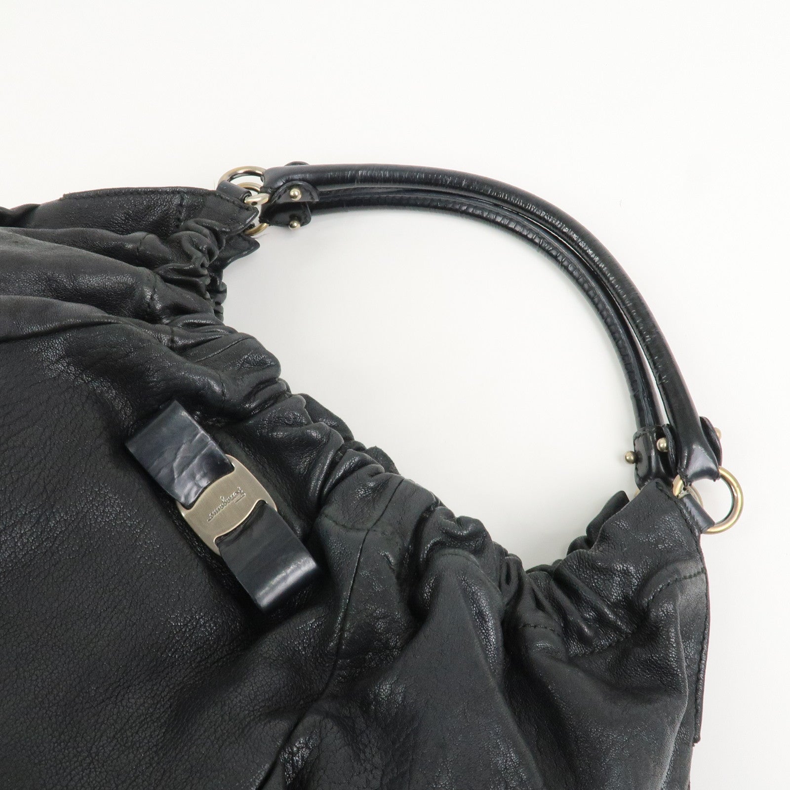 Ferragamo Leather Patent Leather Shoulder Bag Hand Bag Black