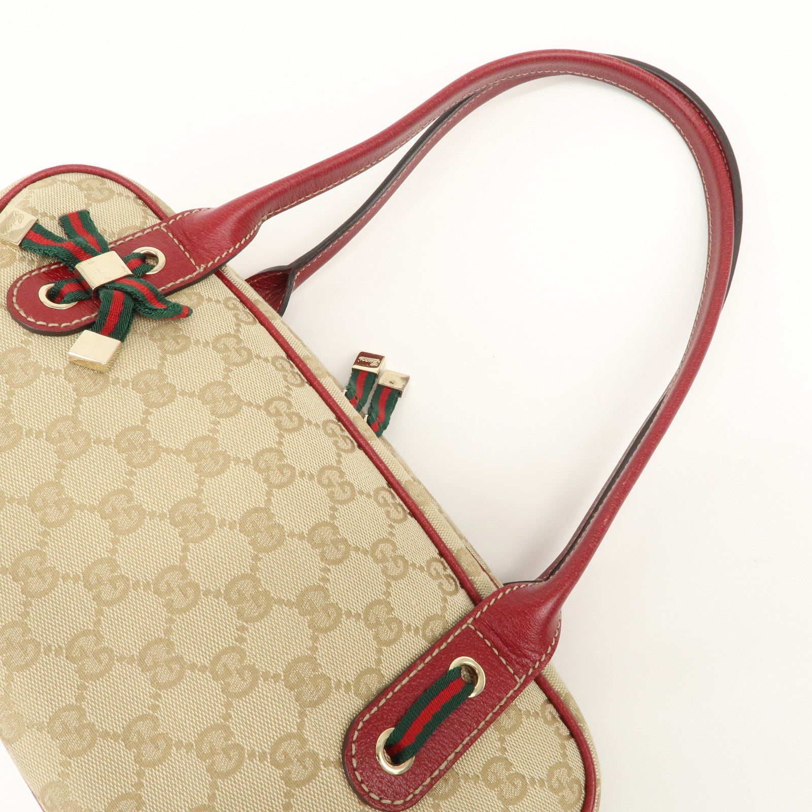 GUCCI Sherry Princy Leather GG Canvas Boston Bag Beige Red 161720