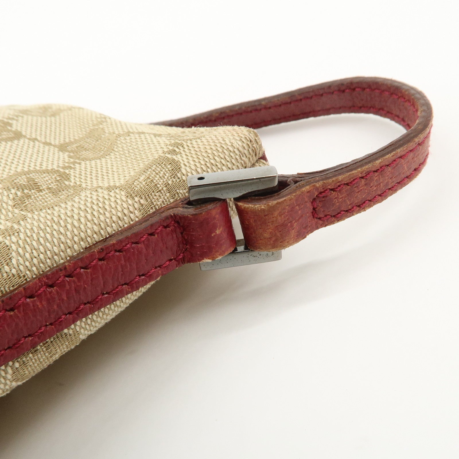 GUCCI Boat Bag GG Canvas Leather Hand Bag Pouch Beige Red 07198