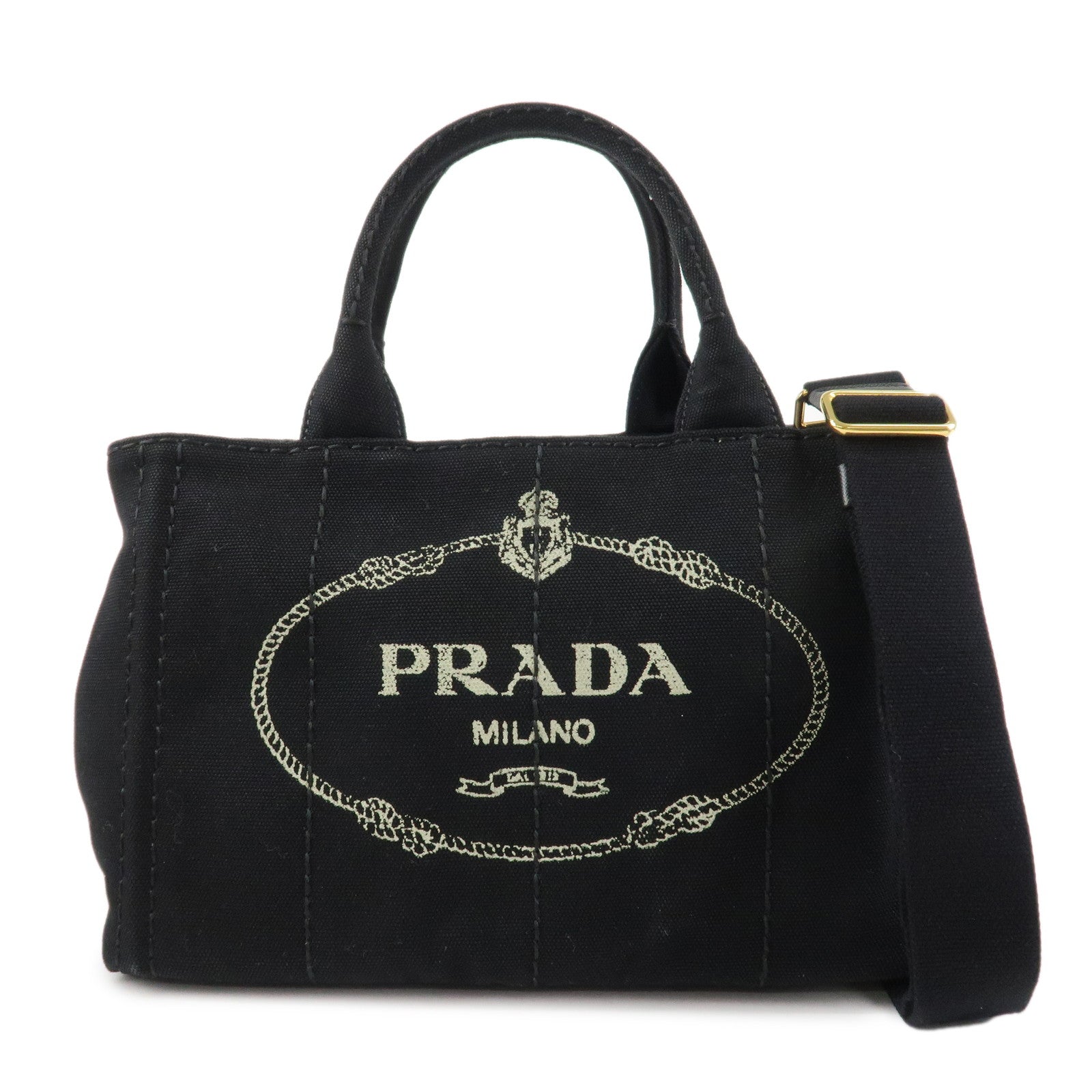 PRADA Logo Canapa Mini Canvas 2Way Bag Hand Tote Bag B2439G Black Used
