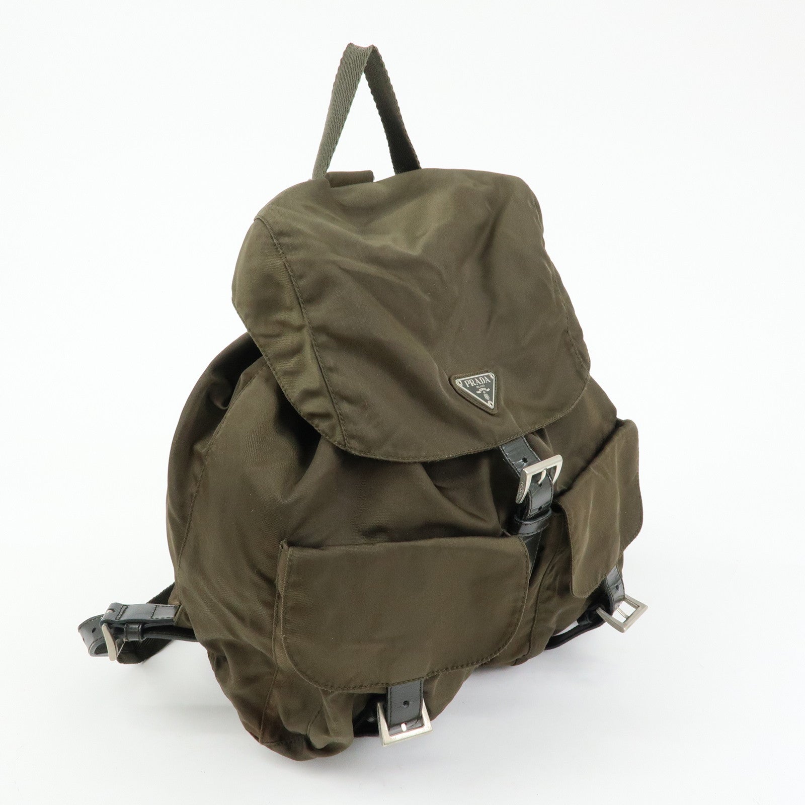 PRADA Triangle Logo Nylon Leather Backpack Rucksack Khaki B6677