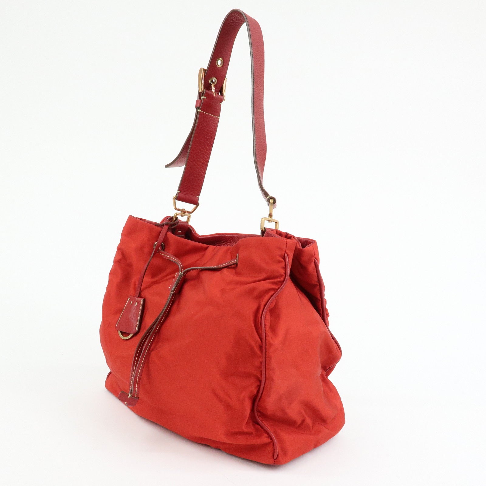 PRADA Triangle Logo Nylon Leather Shoulder Bag Hand Bag Red