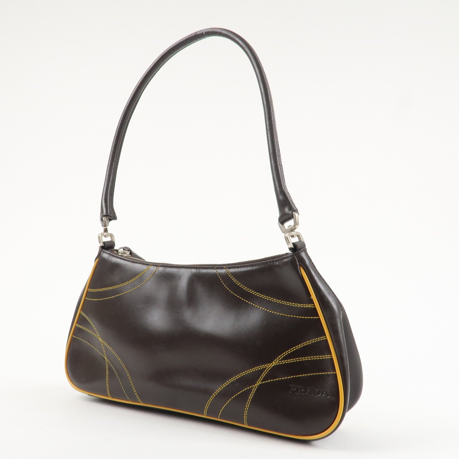 PRADA Logo Leather Shoulder Bag Hand Bag Brown Yellow B11055 Used