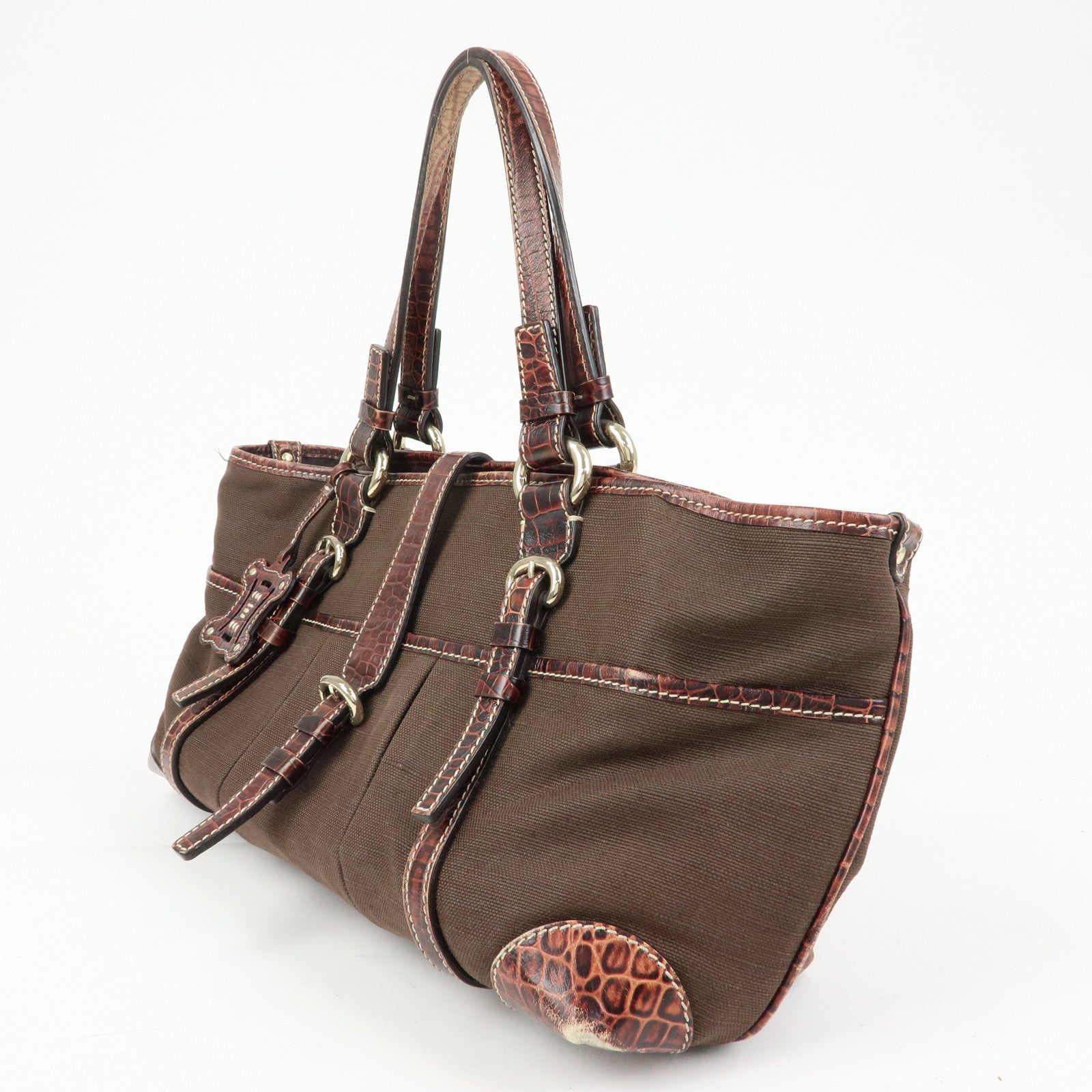 CELINE Logo Canvas Embossed Leather Tote Bag Hand Bag Brown