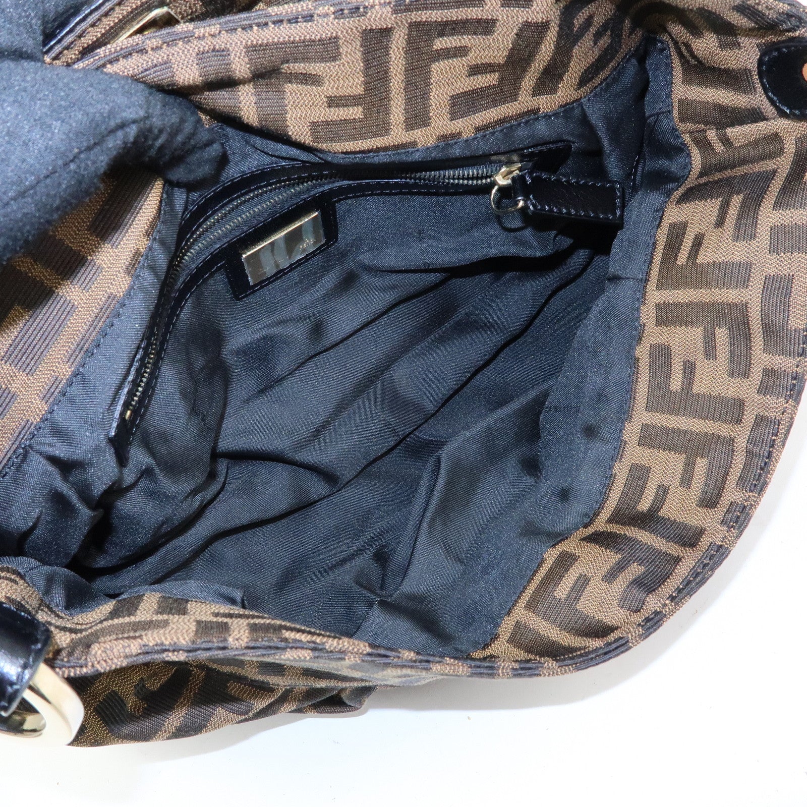 FENDI Zucca Canvas Leather Sequined Shoulder Bag Brown 8BR436