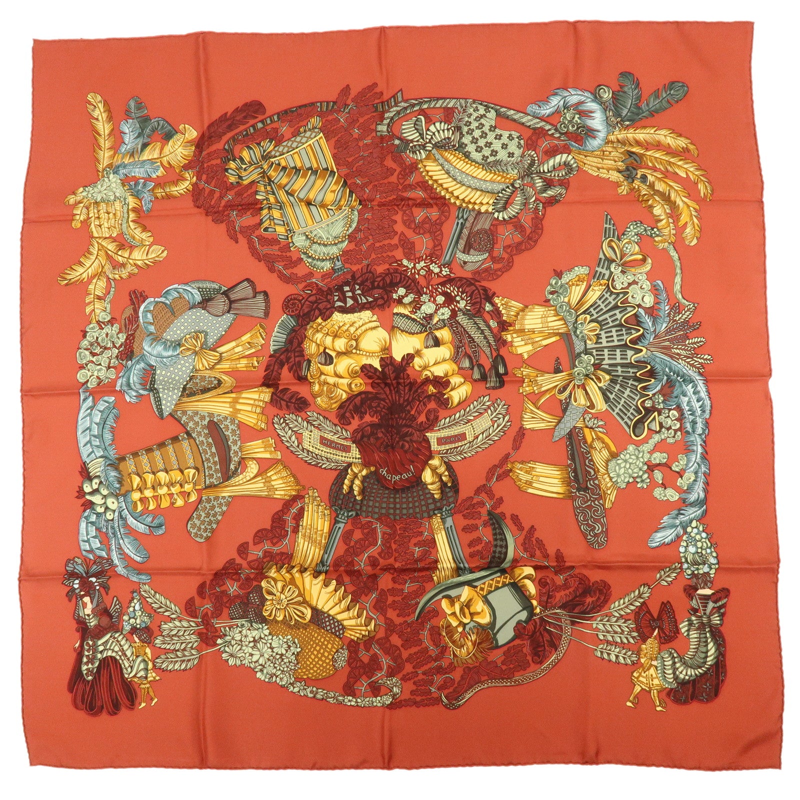 HERMES Carre 90 Silk 100% Scarf chapeau Scarf Red Brown