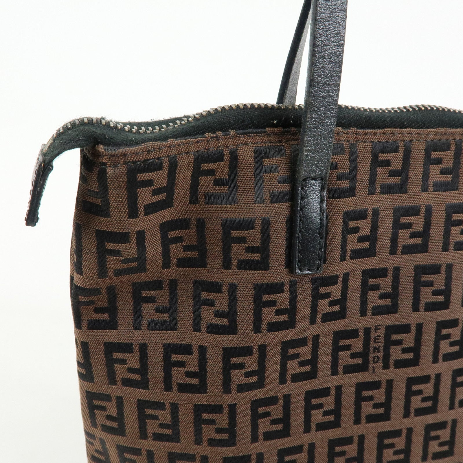 FENDI Zucchino Canvas Leather Tote Bag Hand Bag Brown Black 8BH022