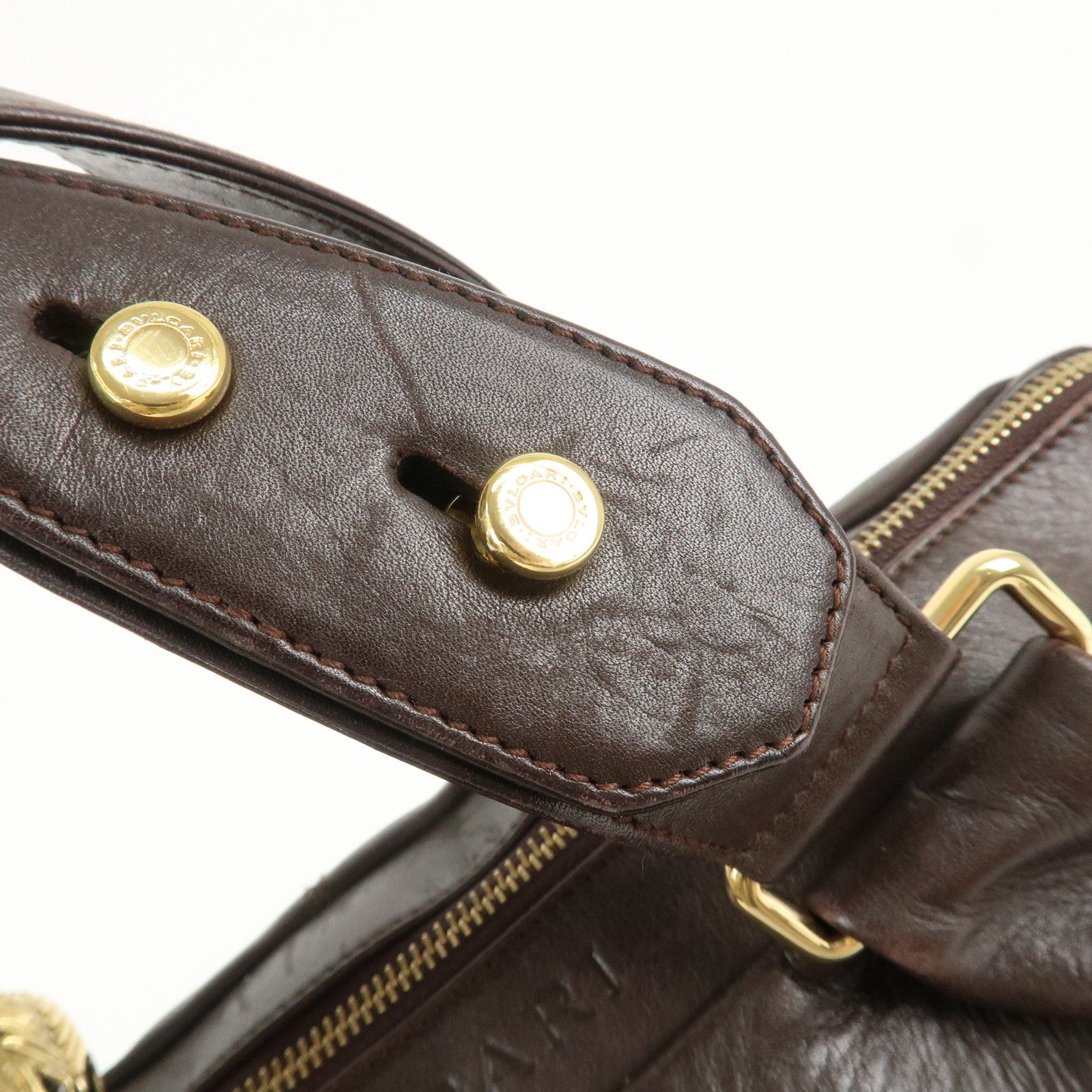 BVLGARI Leoni Leather Hand Bag Boston Bag Brown Gold Hardware Used