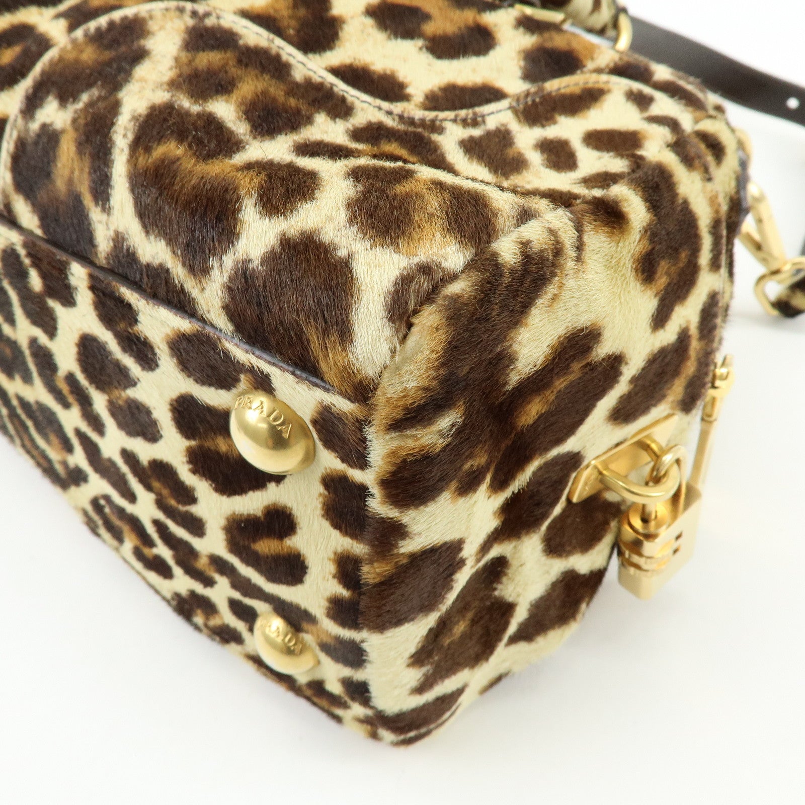 PRADA Pony Hair Leopard 2Way Boston Bag Shoulder Bag Brown BL0429