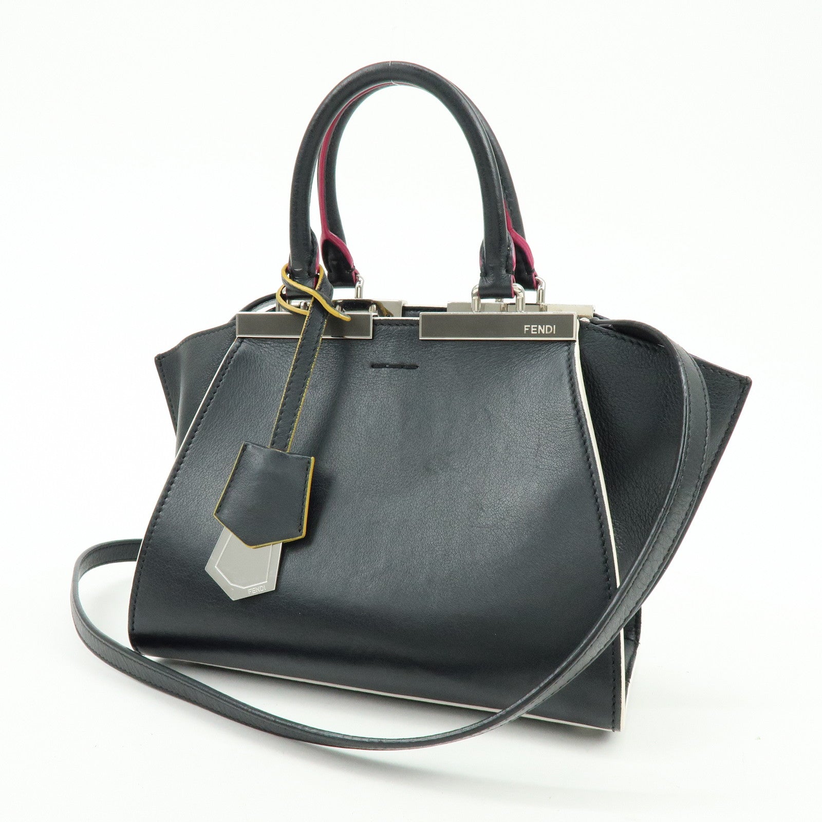FENDI Trois Jours Leather 2Way Bag Hand Bag Shoulder Bag Black