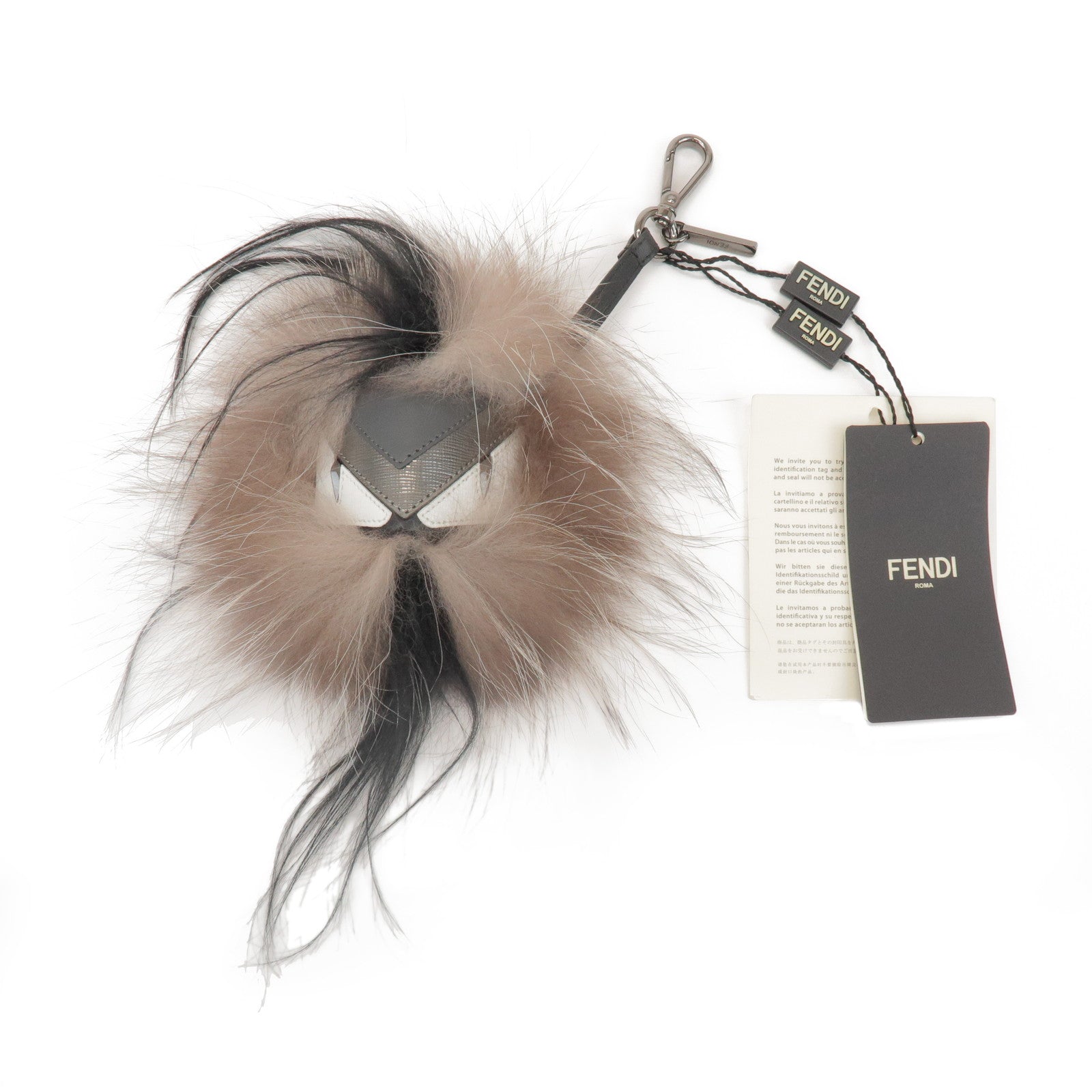 FENDI Fur Leather Monster Bag Charm Key Chain Black Greige