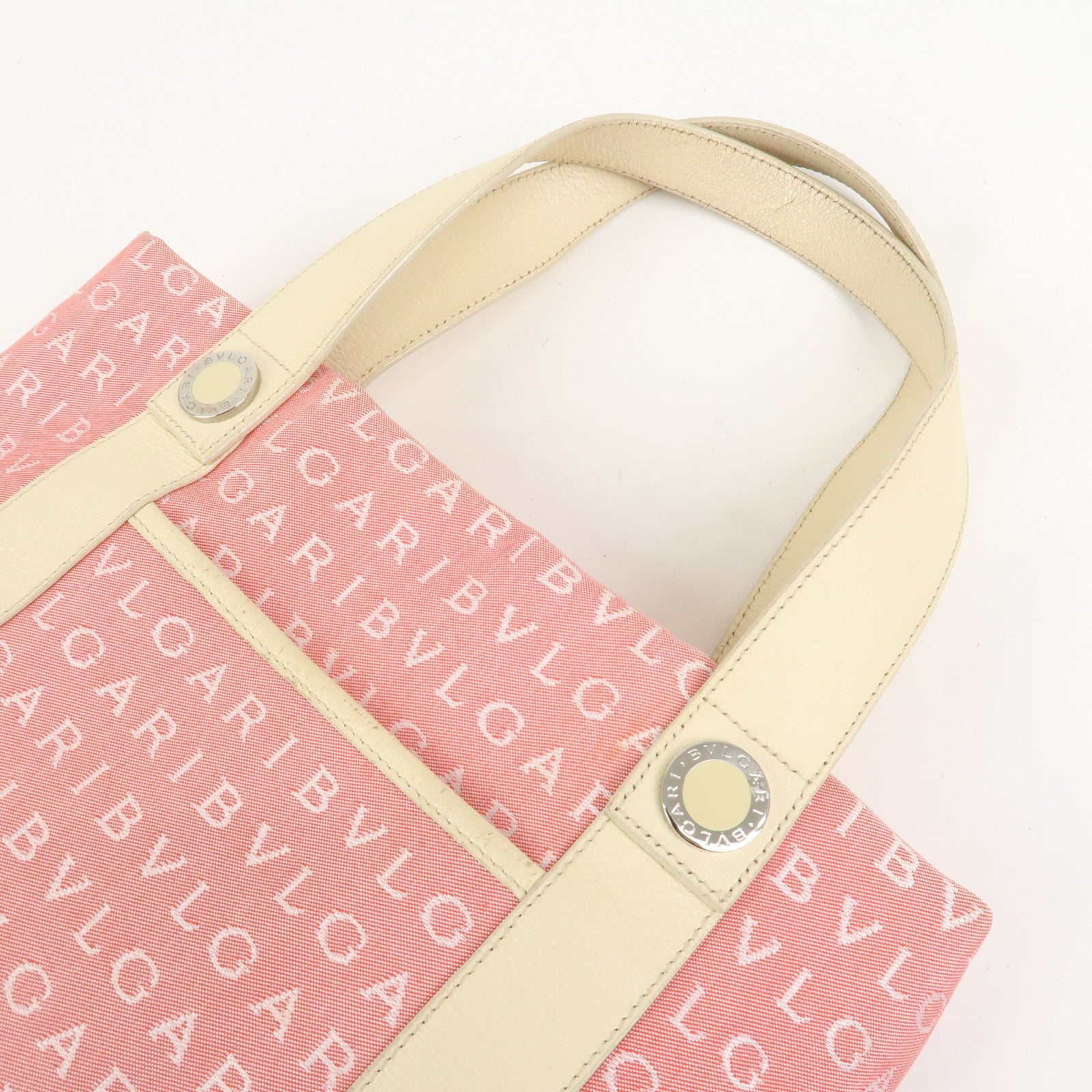BVLGARI Logo Mania Canvas Leather Hand Bag Tote Bag Pink Ivory
