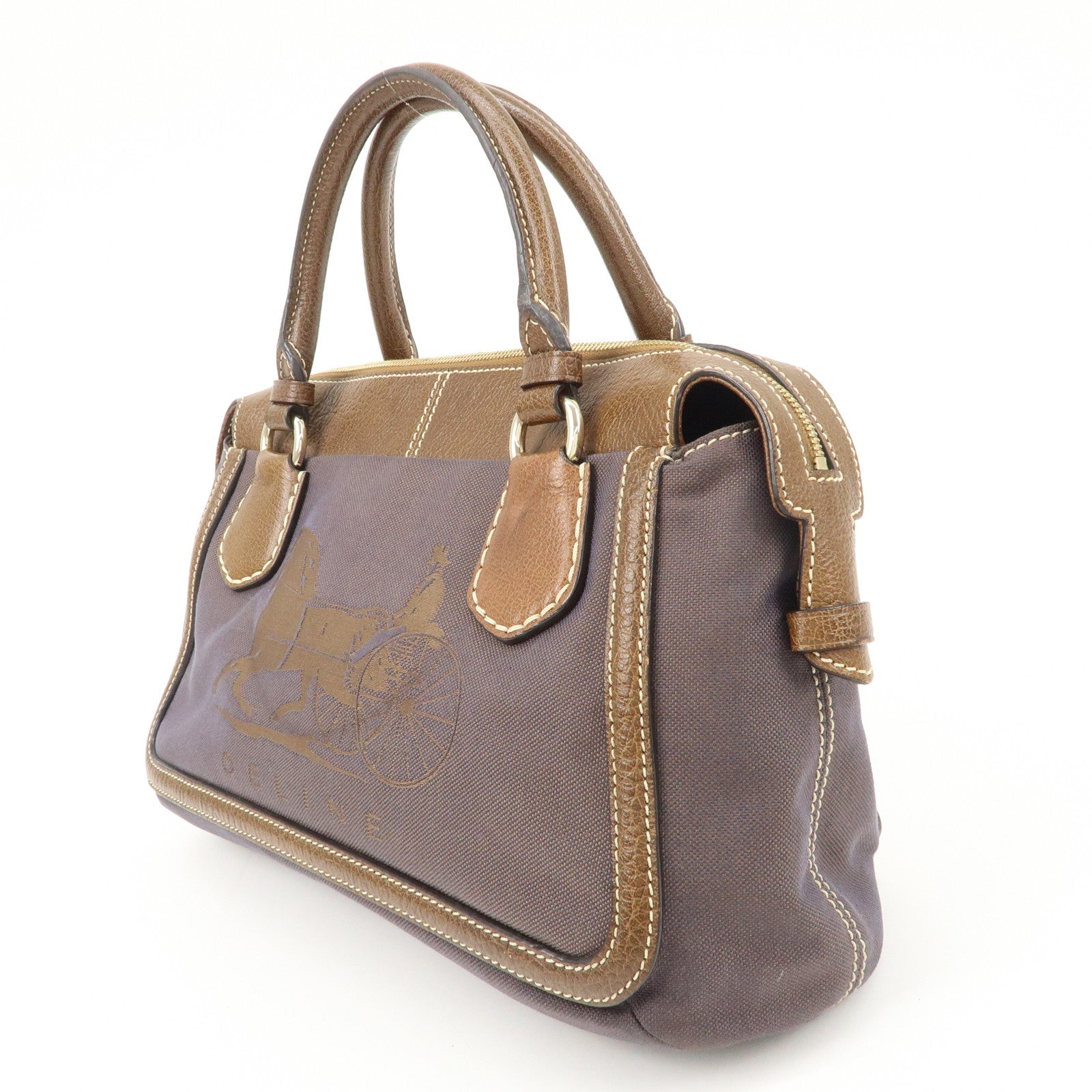 CELINE Leather Canvas Hand Bag Sulky Print Brown Used