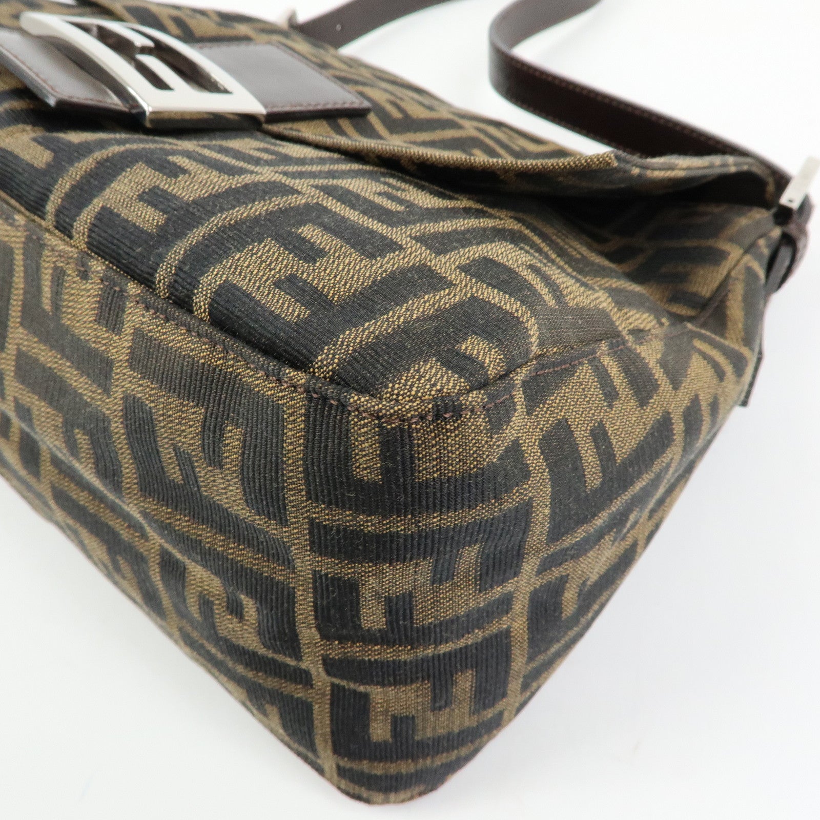 FENDI Mamma Baguette Zucca Canvas Leather Shoulder Bag Brown 26325
