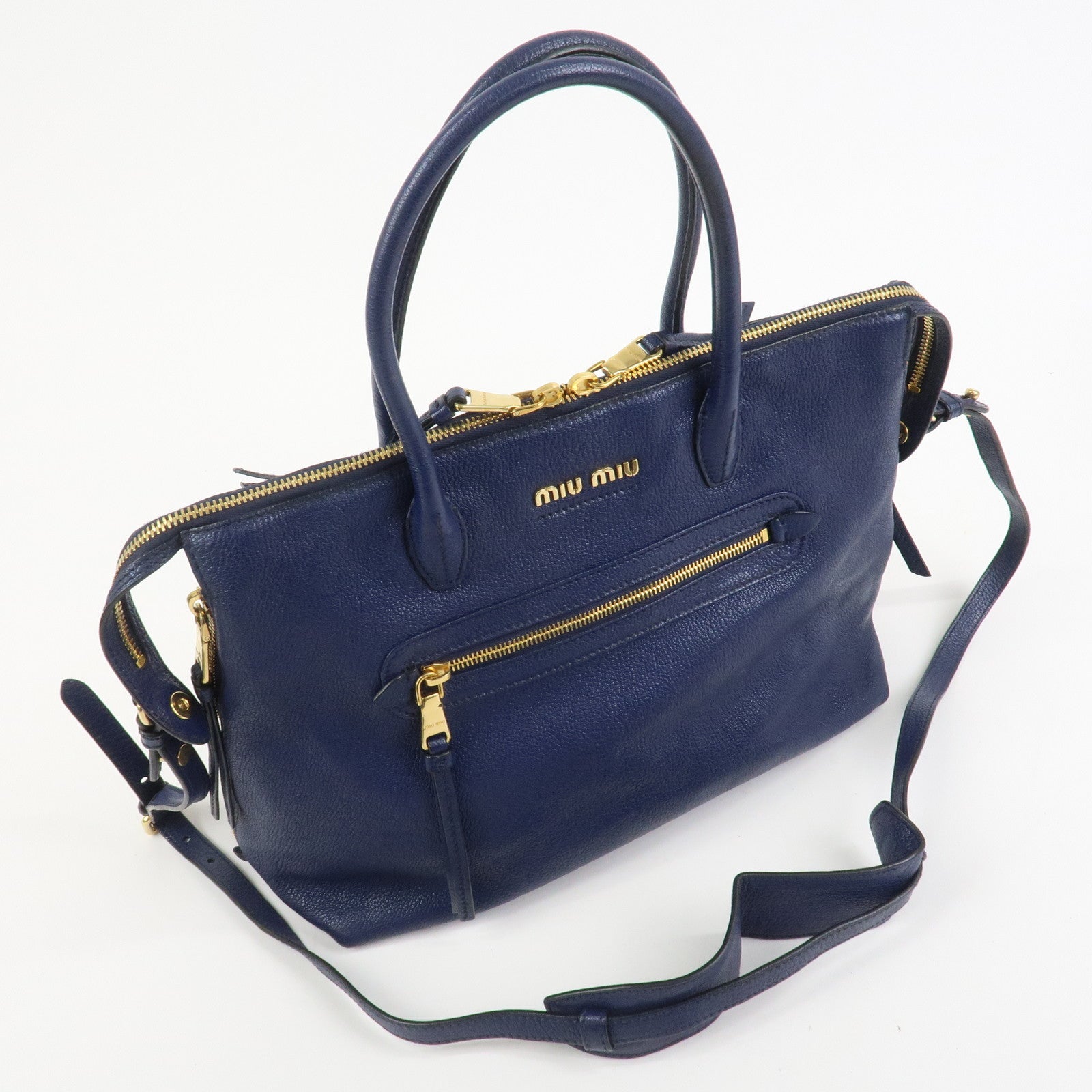 MIU MIU Madras Leather 2Way Hand Bag Shoulder Bag Blue 5BG136