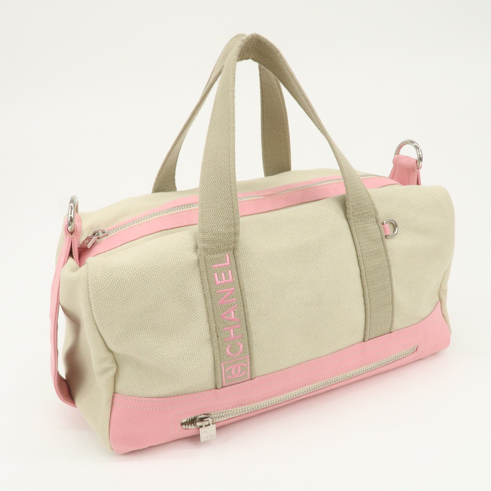 CHANEL Sport Line Canvas Boston Bag Hand Shoulder Bag Ivory Pink