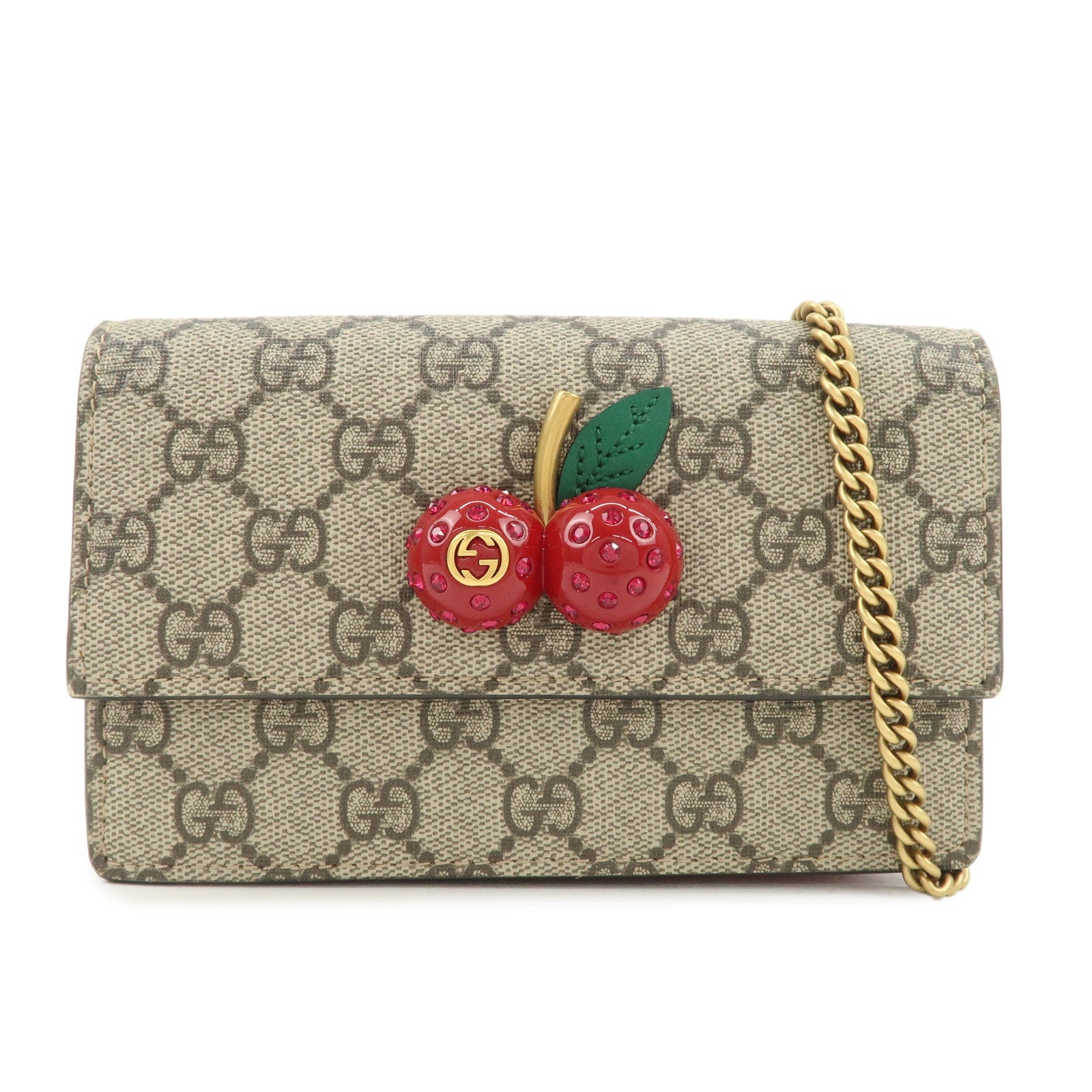 GUCCI GG Supreme Leather Cherry Chain Shoulder Bag Beige Red 481291