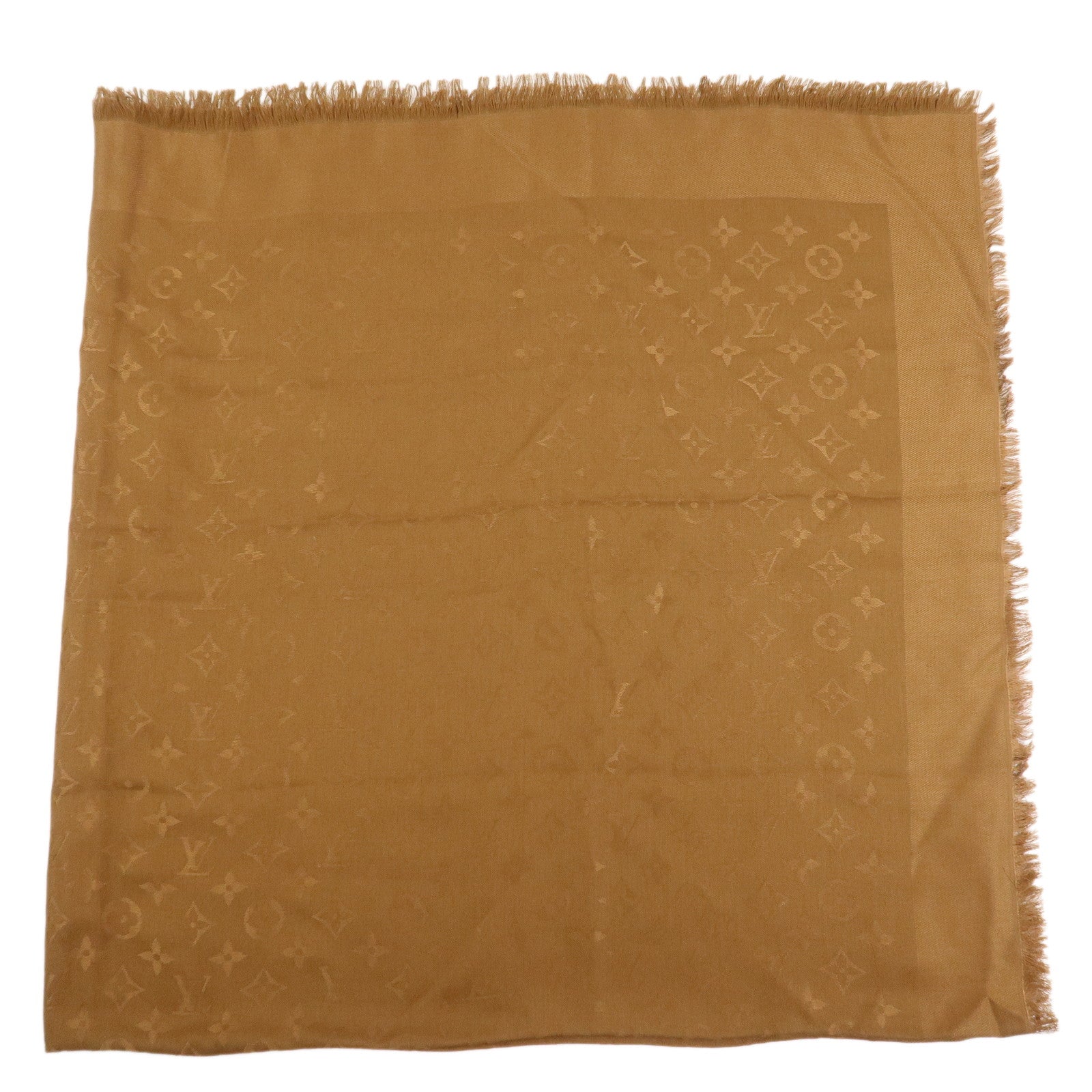 Louis Vuitton Monogram Silk Wool Shawl Scarf Light Brown M71155