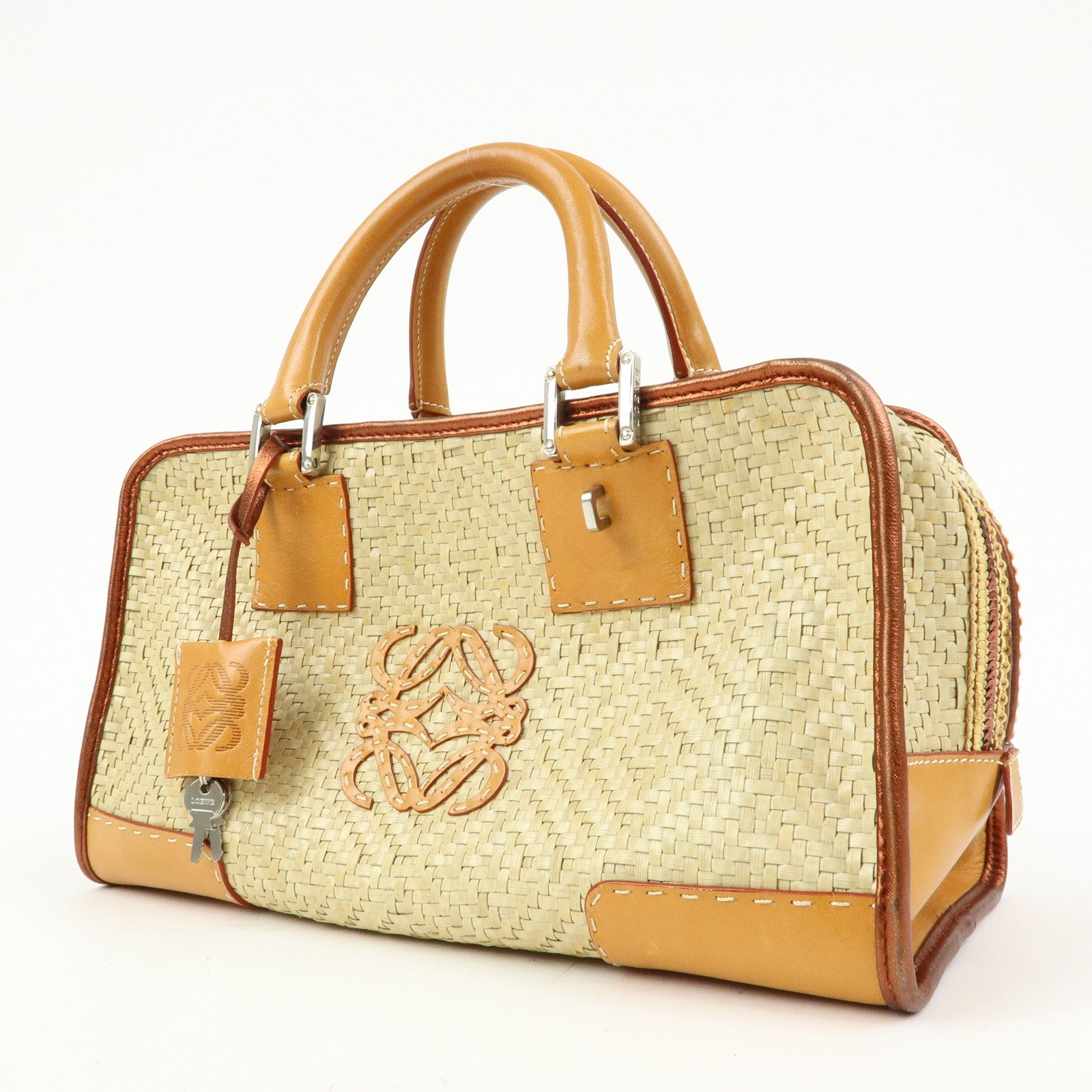 LOEWE Anagram Amazona 28 Raffia Leather Hand Bag Beige Camel
